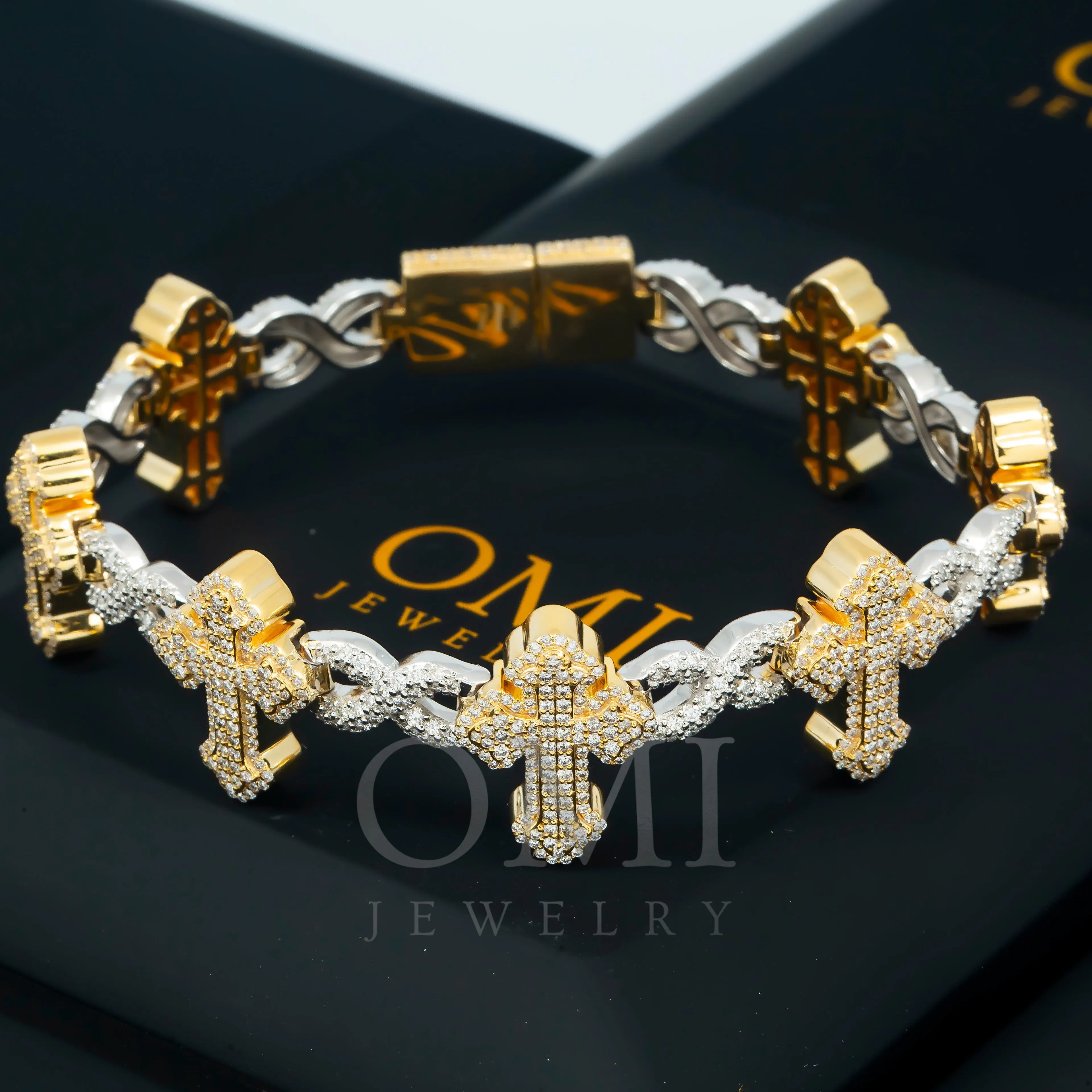 10K GOLD ROUND DIAMONDS TWO TONE CROSS INFINITY CHAIN BRACELET 7.26 CT