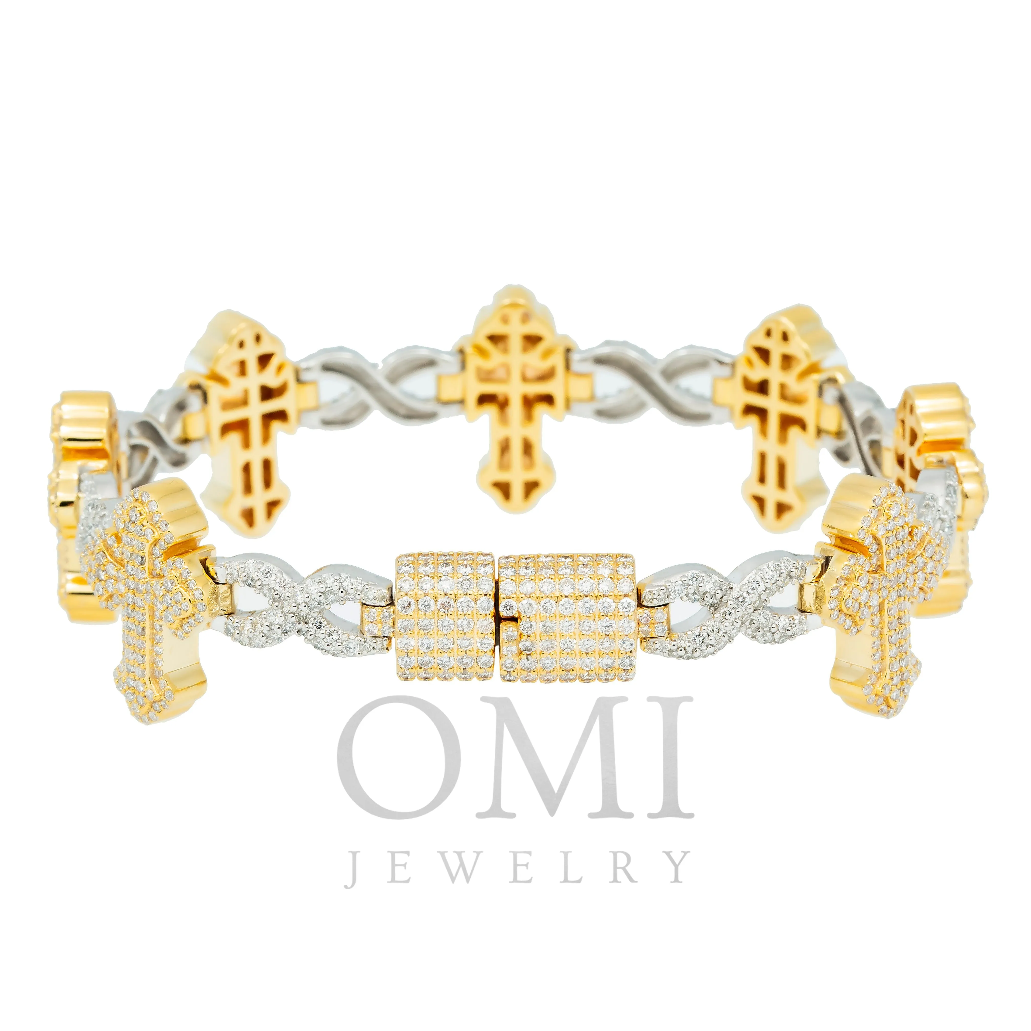 10K GOLD ROUND DIAMONDS TWO TONE CROSS INFINITY CHAIN BRACELET 7.26 CT