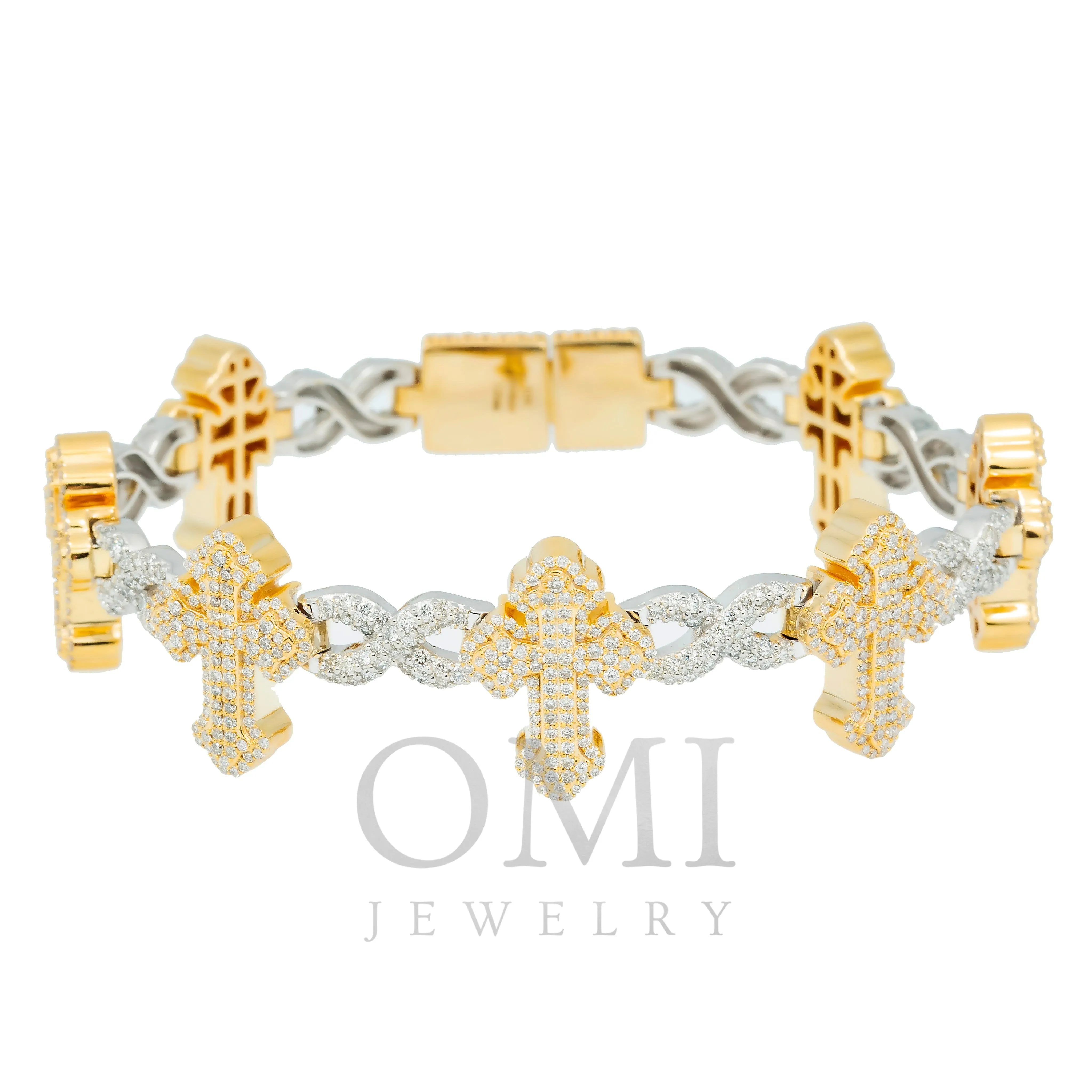 10K GOLD ROUND DIAMONDS TWO TONE CROSS INFINITY CHAIN BRACELET 7.26 CT