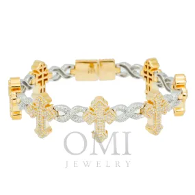 10K GOLD ROUND DIAMONDS TWO TONE CROSS INFINITY CHAIN BRACELET 7.26 CT