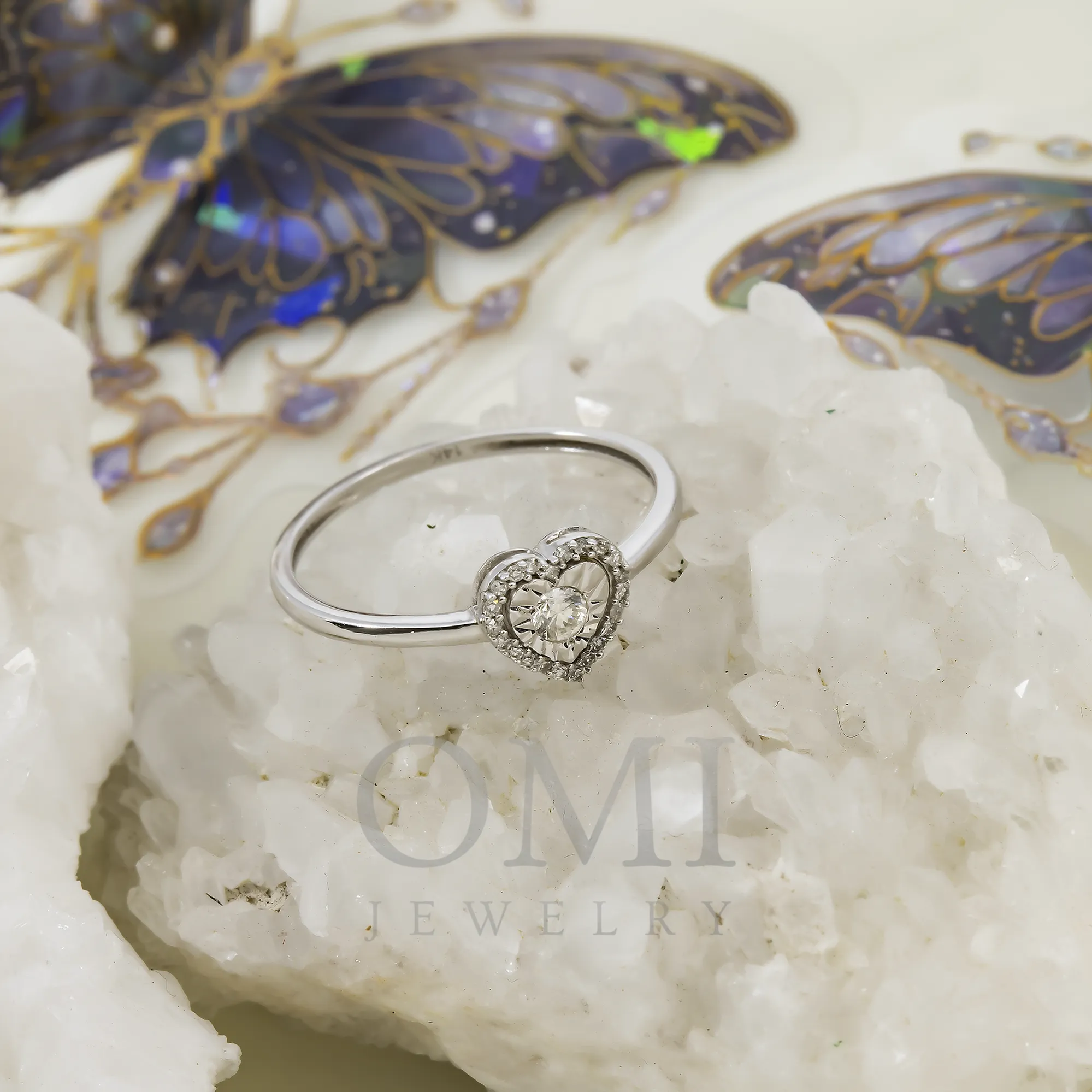 14K GOLD ROUND HALO DIAMOND HEART RING 0.15 CT