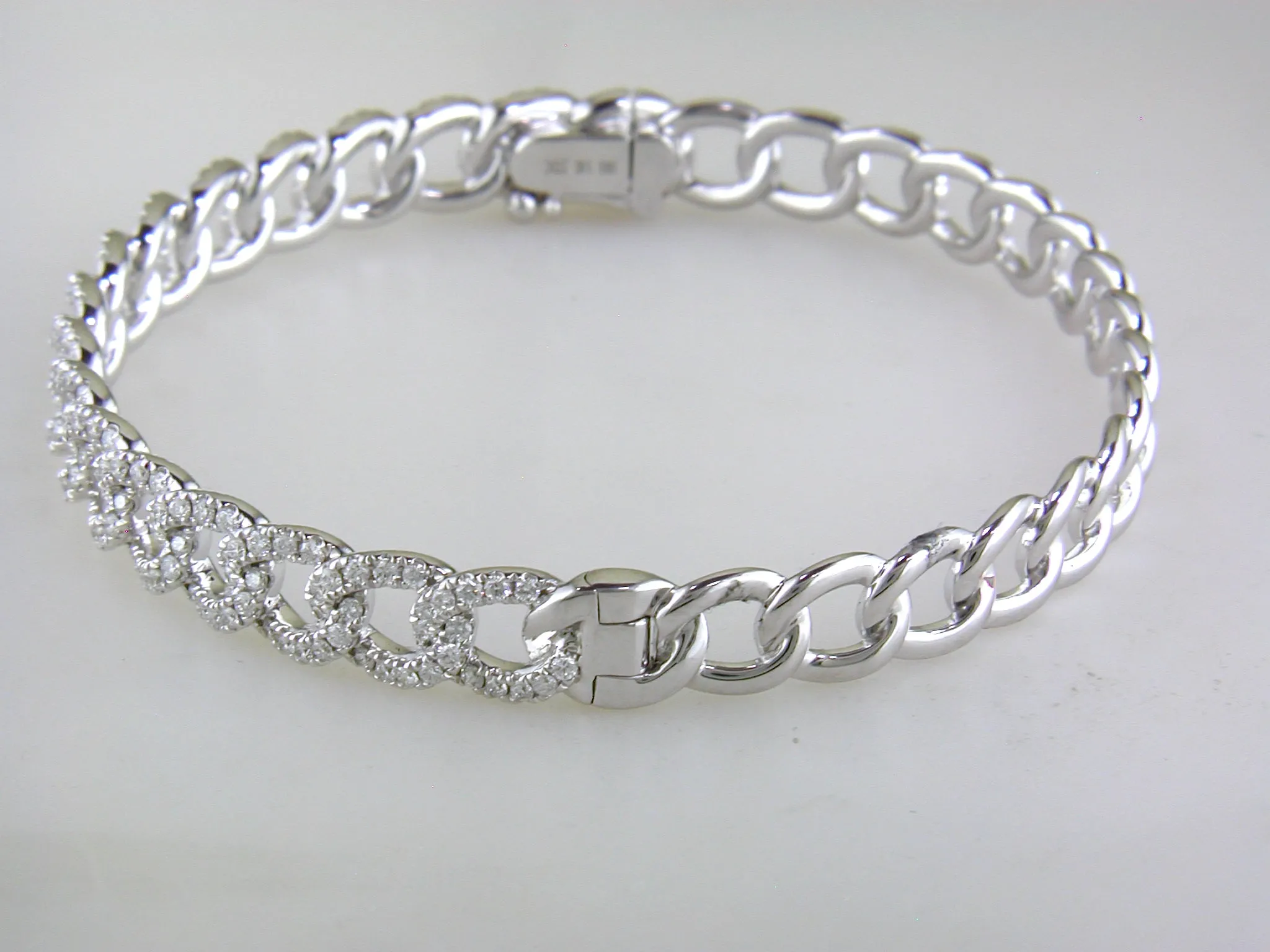 14k White Gold Curb Chain Bangle with Pave Diamond Bracelet 7