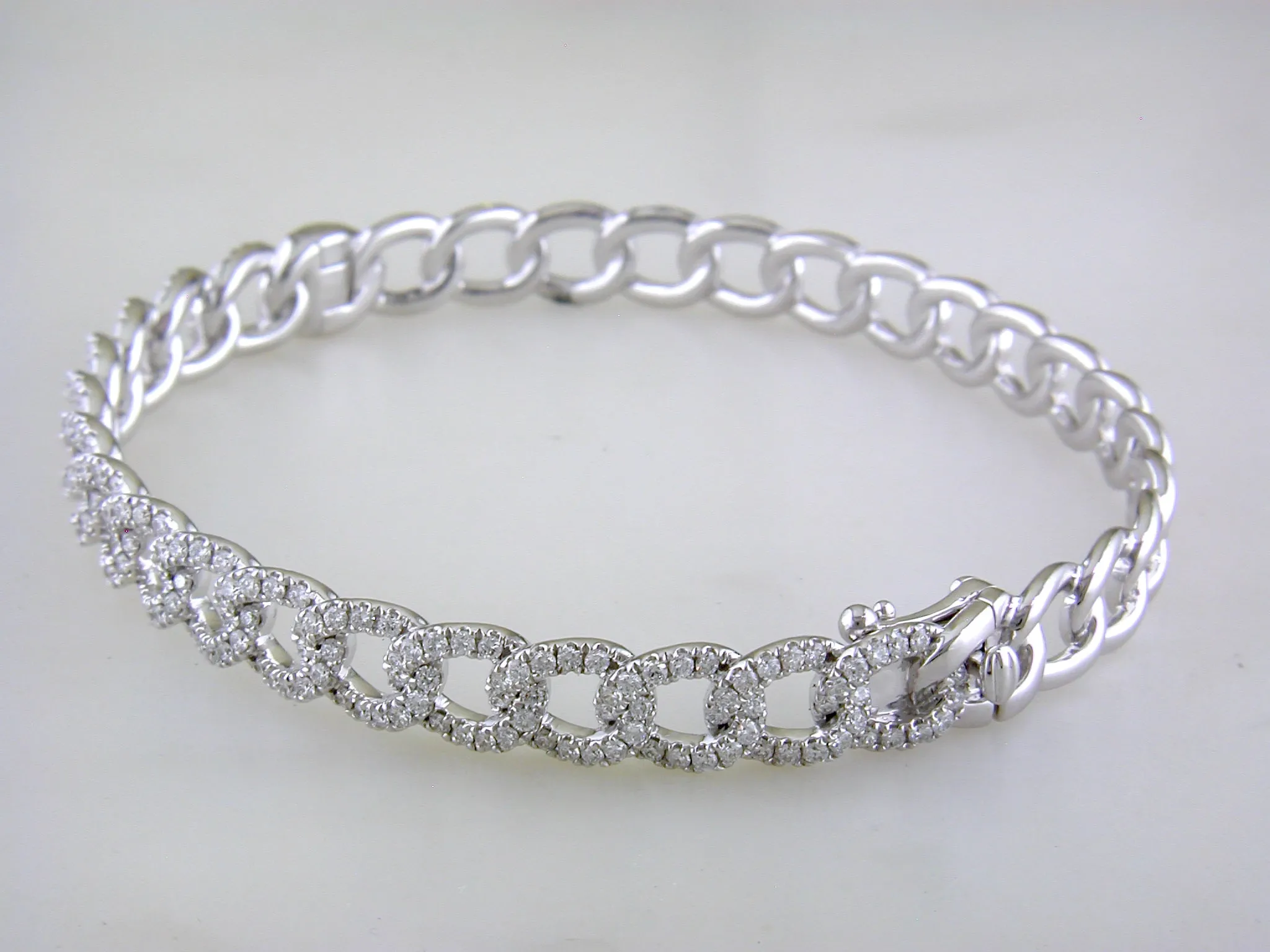 14k White Gold Curb Chain Bangle with Pave Diamond Bracelet 7