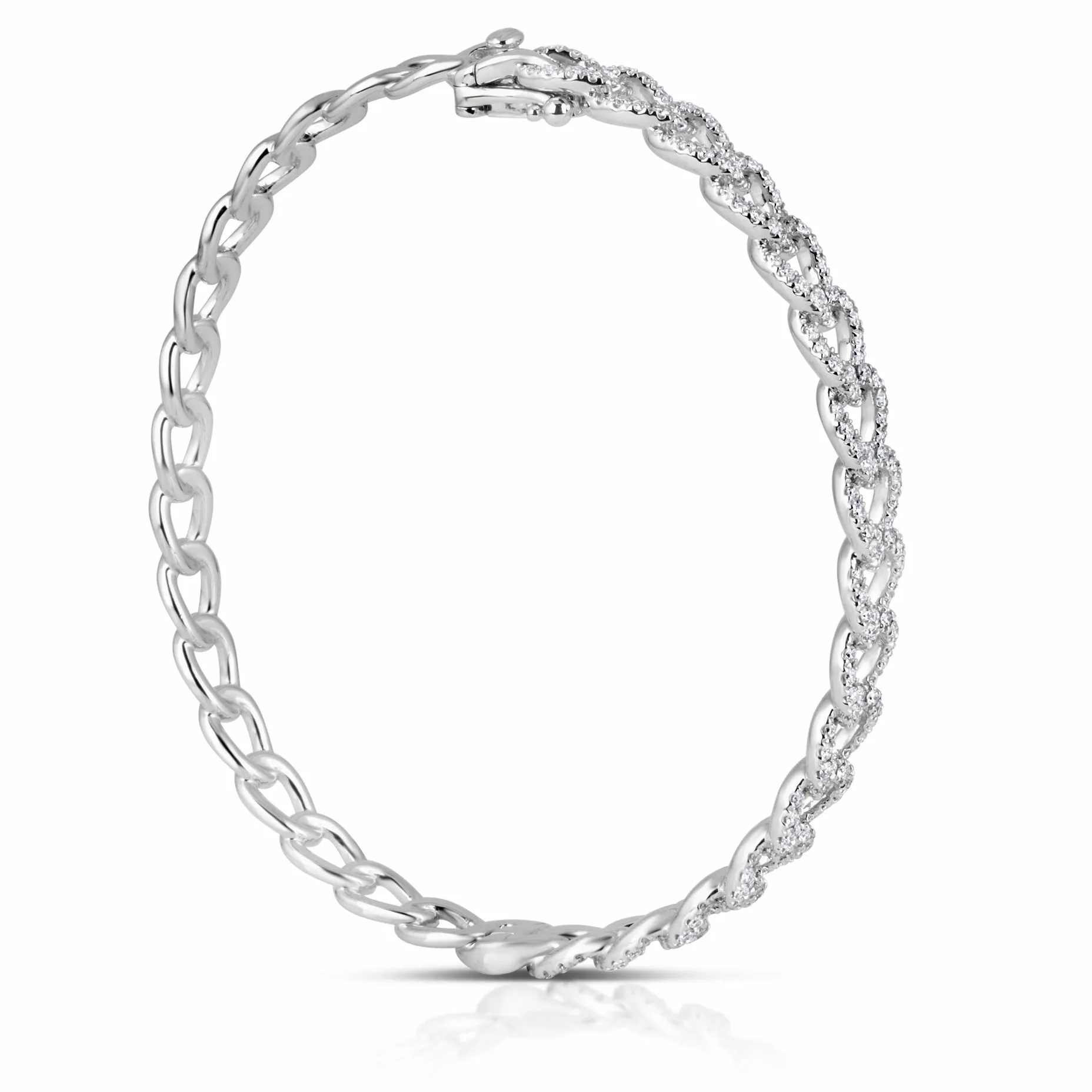 14k White Gold Curb Chain Bangle with Pave Diamond Bracelet 7