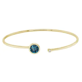 14K YELLOW GOLD OPEN TOP BANGLE BRACELET WITH A ROUND LONDON BLUE TOPAZ AND DIAMOND ACCENT