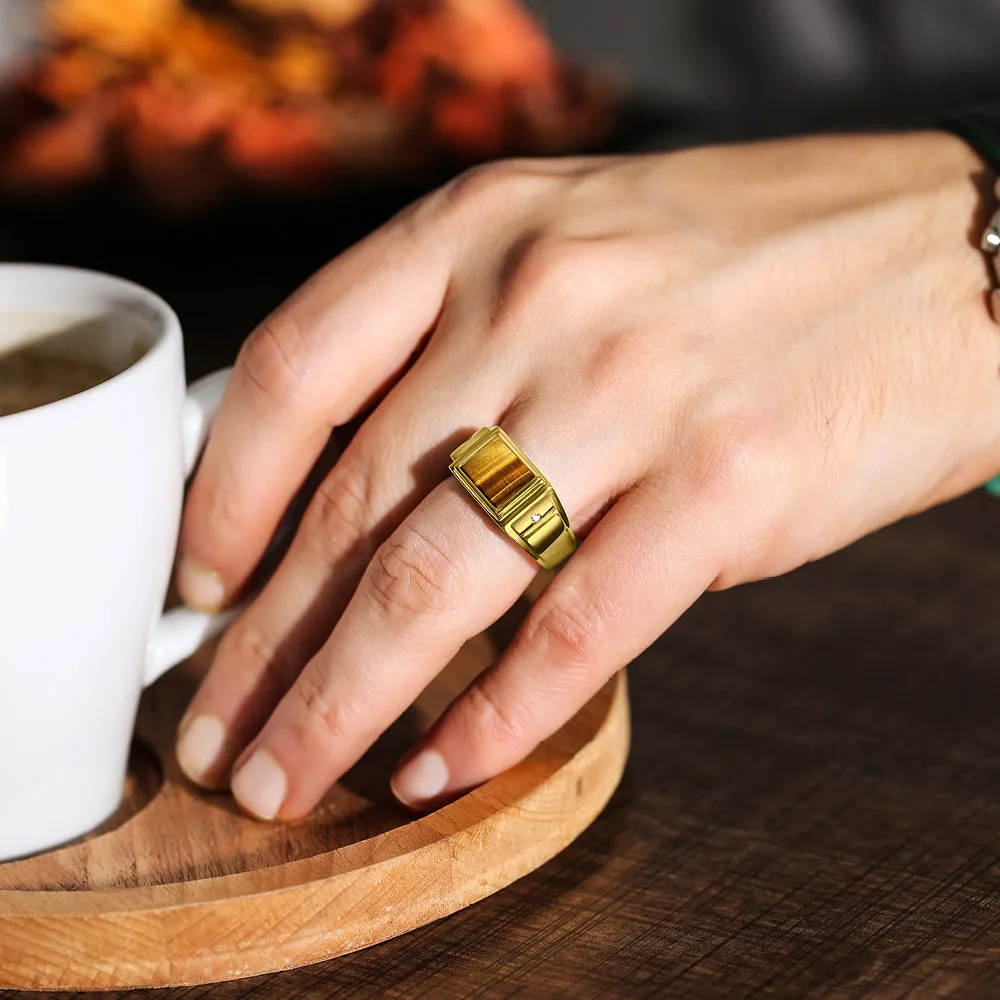 18K Gold Ring for Men Tiger's Eye Stone and 2 Natural Diamond Accents