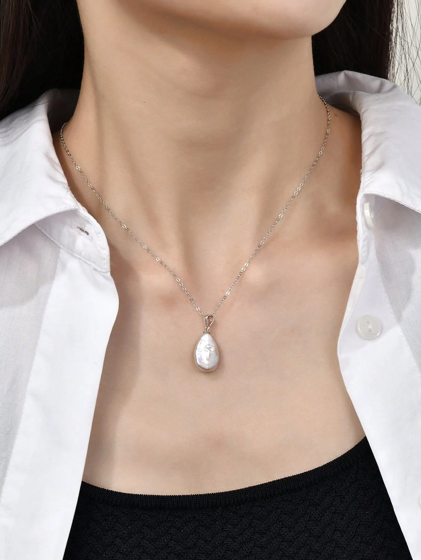 1pc Fashionable Cultured Pearl Water-drop Charm Silver Necklace For Women For Gift