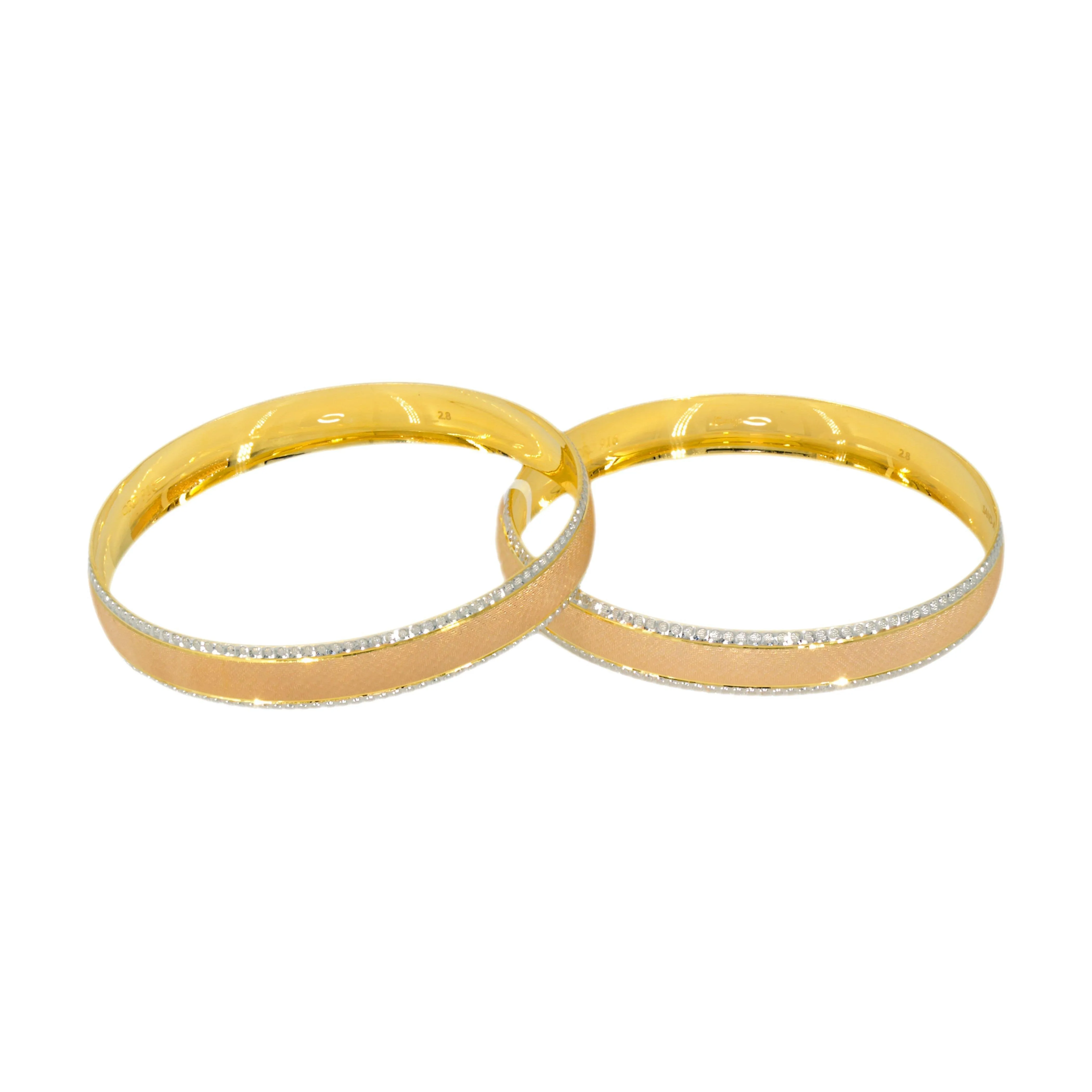 22K Yellow, White & Rose Gold Diamond Cut Gold Bangles, Set of 2