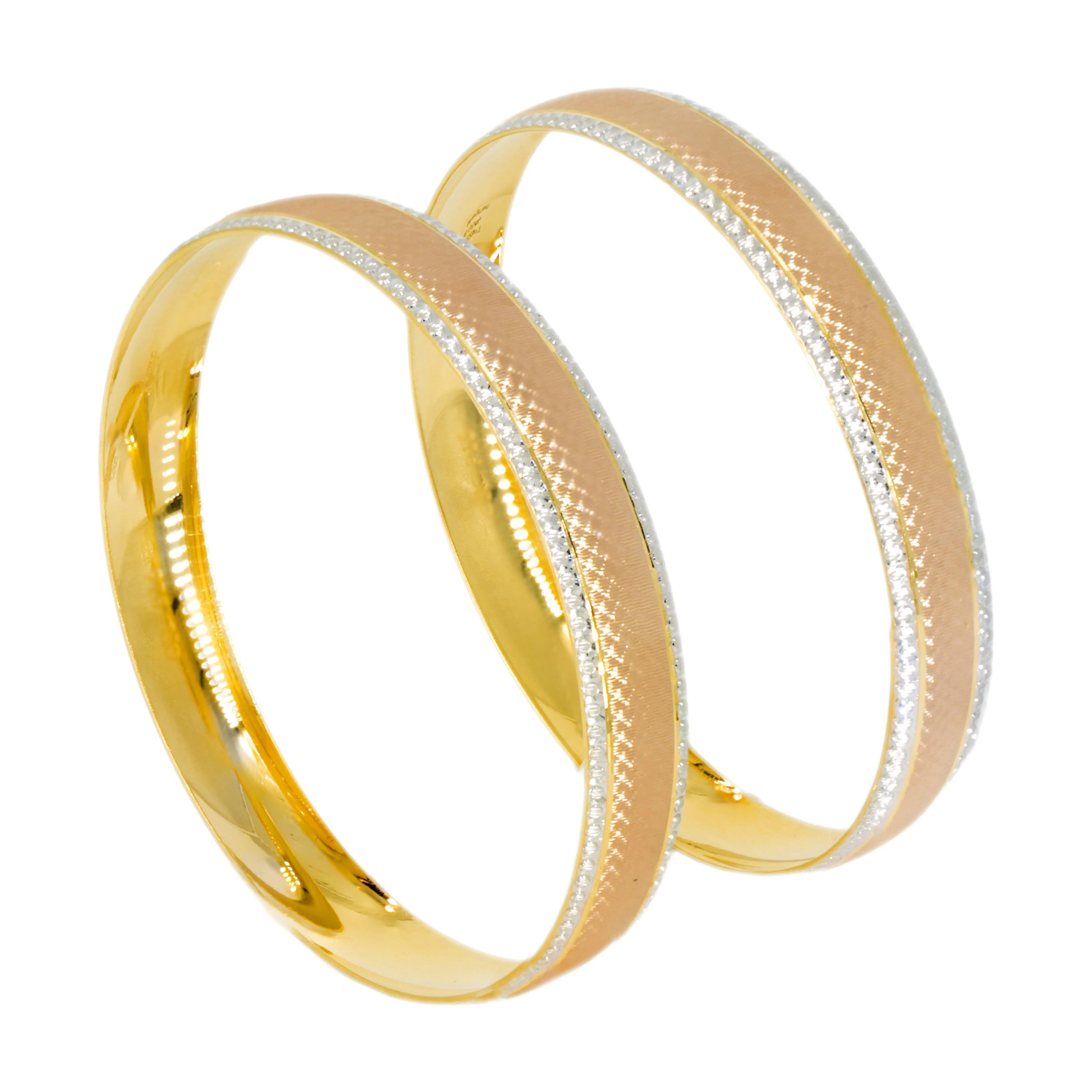 22K Yellow, White & Rose Gold Diamond Cut Gold Bangles, Set of 2