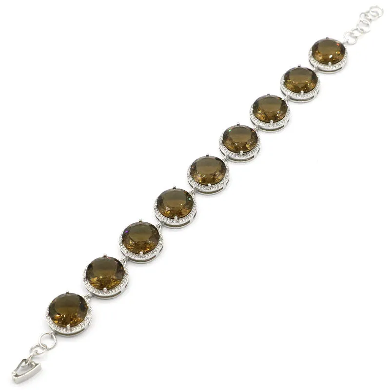 925 Big Round Smoky Topaz Micro-Pave Tennis Bracelet