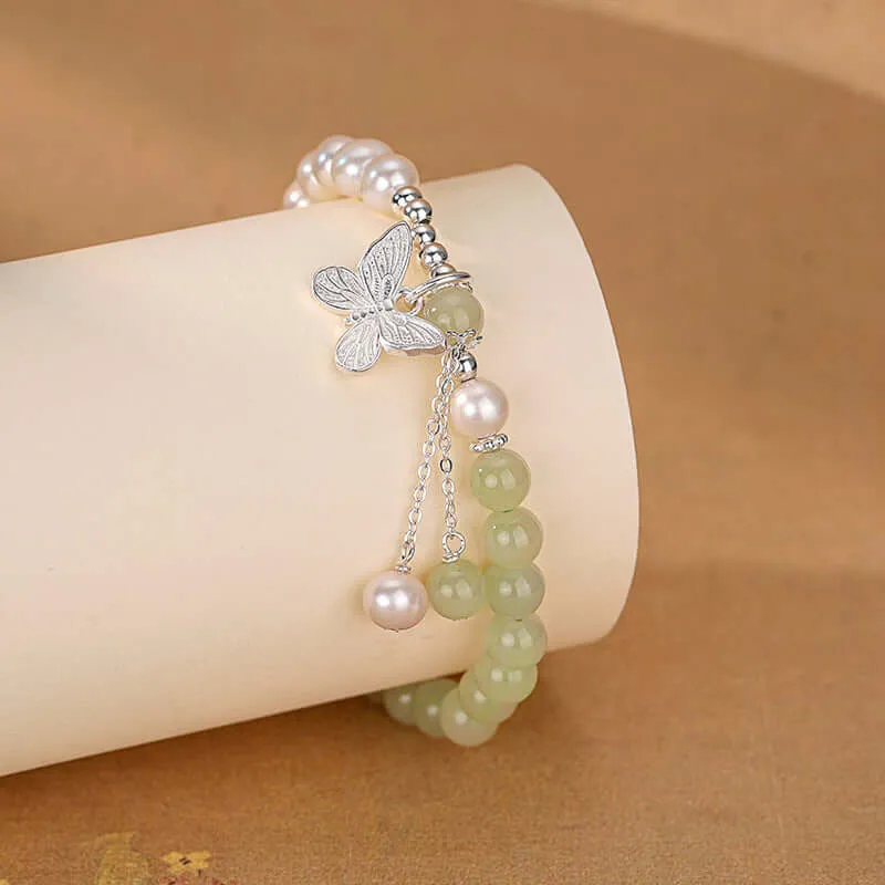 925 Silver Green Jade Butterfly Bracelet