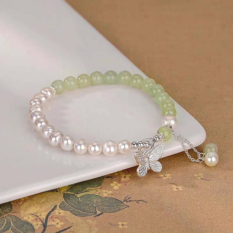 925 Silver Green Jade Butterfly Bracelet