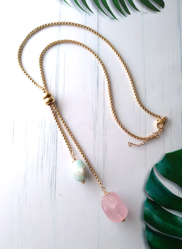 Amazonite & Rose Quartz Nugget Slider Necklace