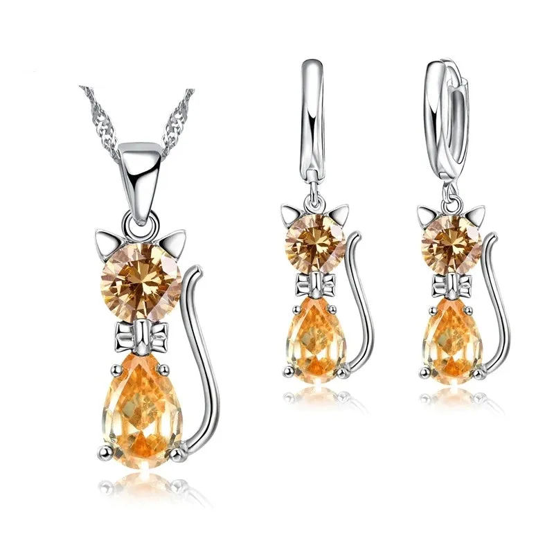 Austrian Crystal Cat Set in Solid 925 Sterling Silver