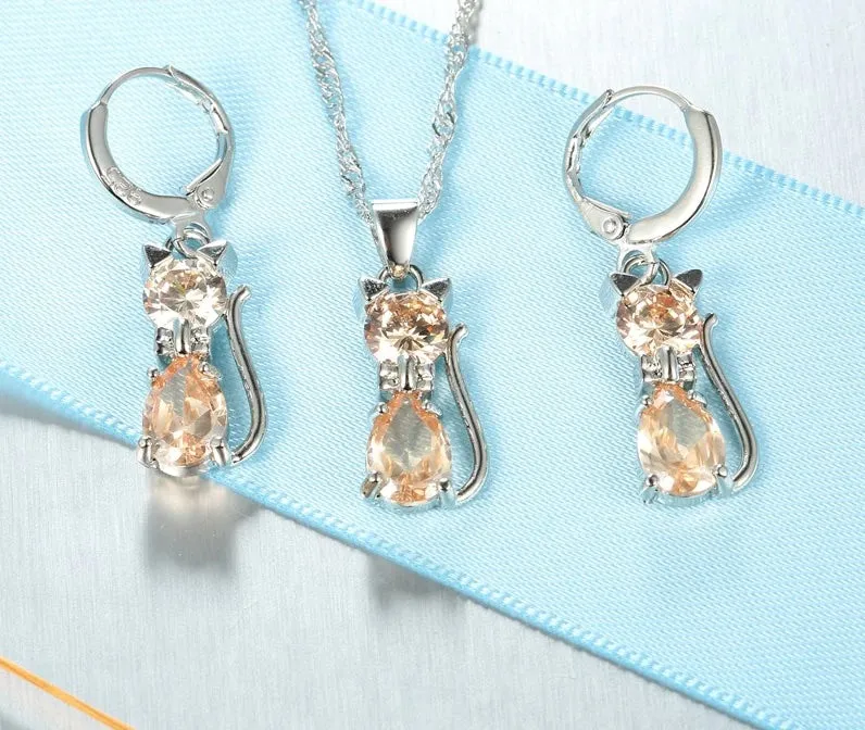 Austrian Crystal Cat Set in Solid 925 Sterling Silver