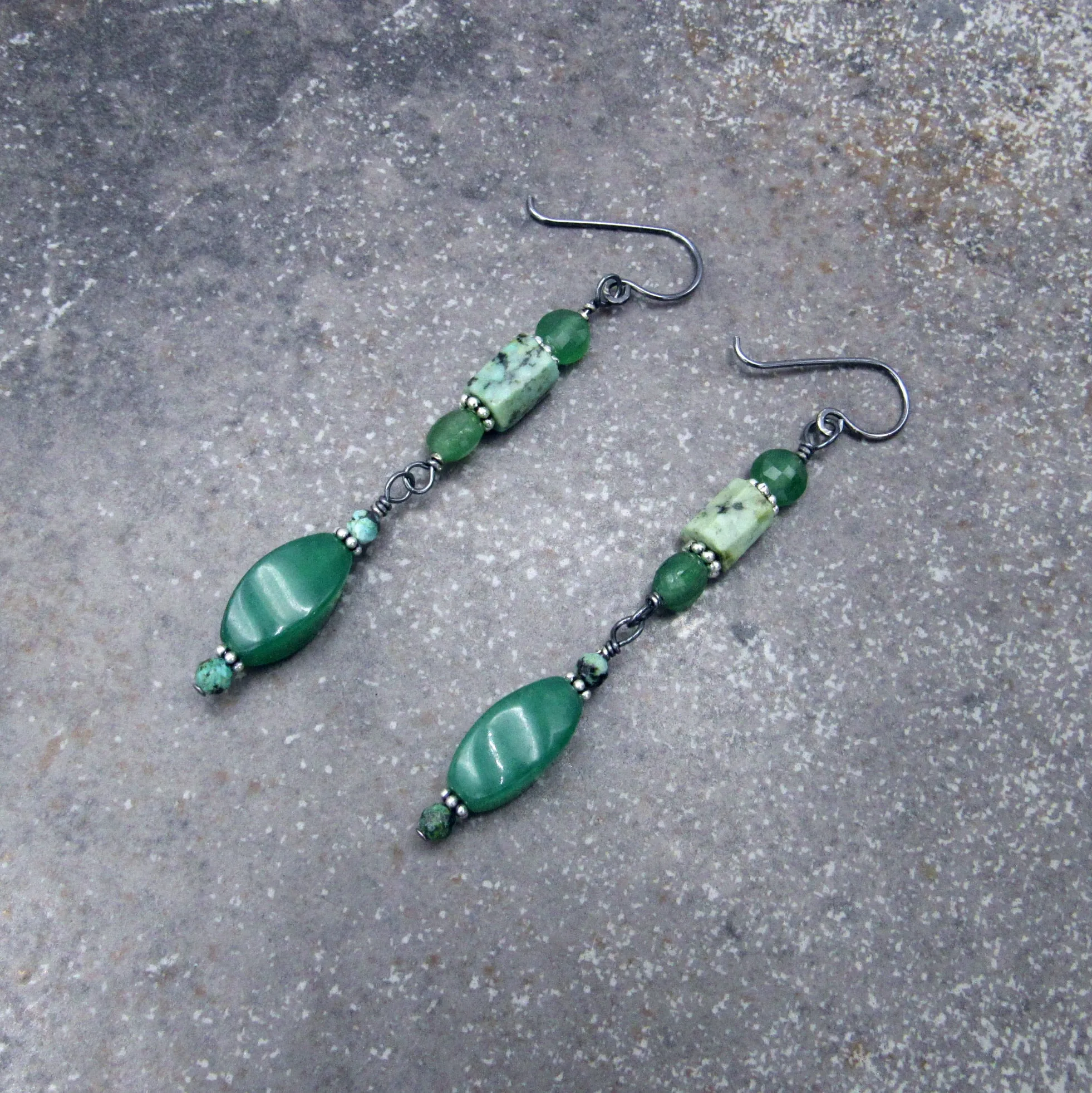 Aventurine, African Turquoise, and Oxidized Sterling Silver Drop Earrings