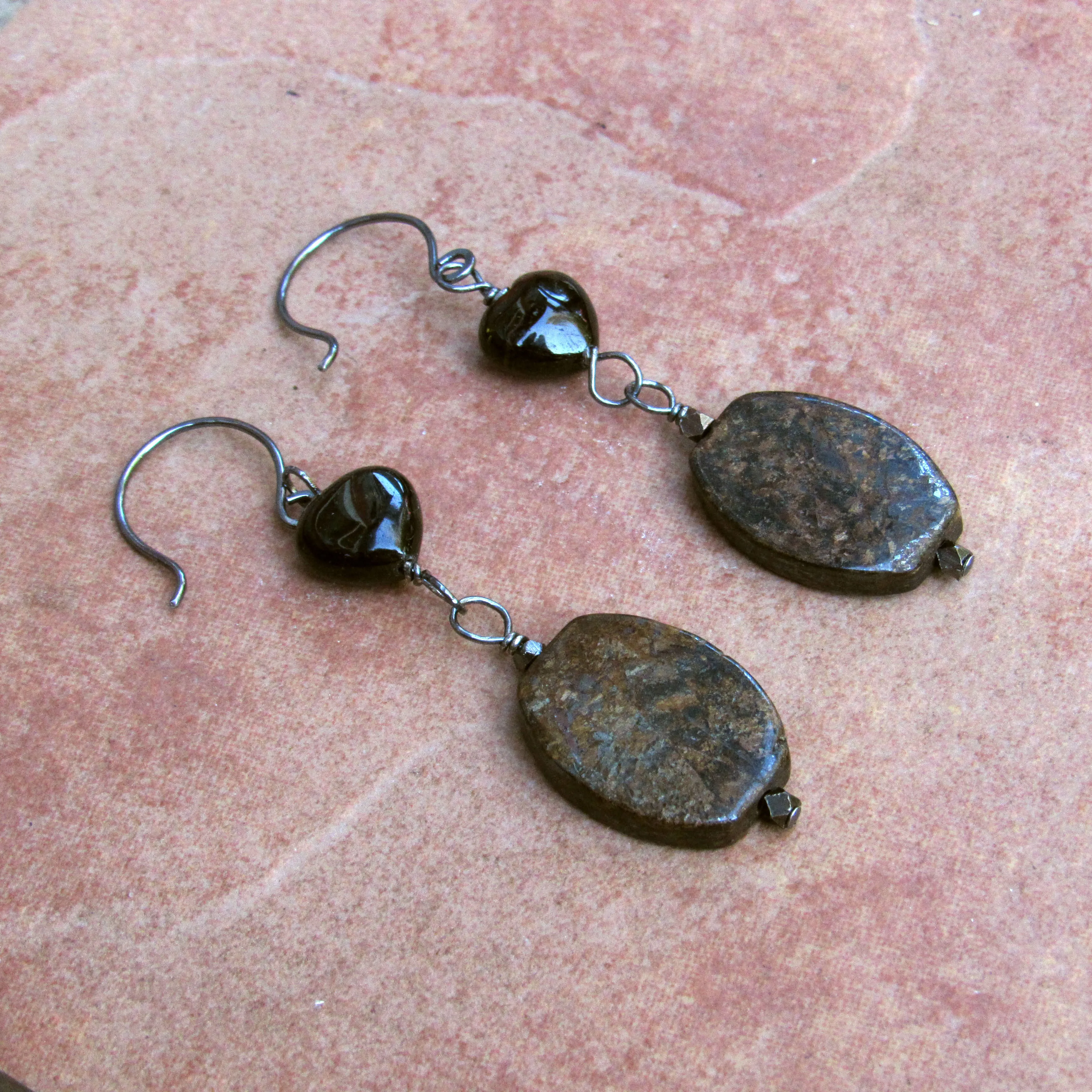 Bronzite and Tourmaline Gemstone Heart  w/ Oxidized Sterling Silver Drop Earrings