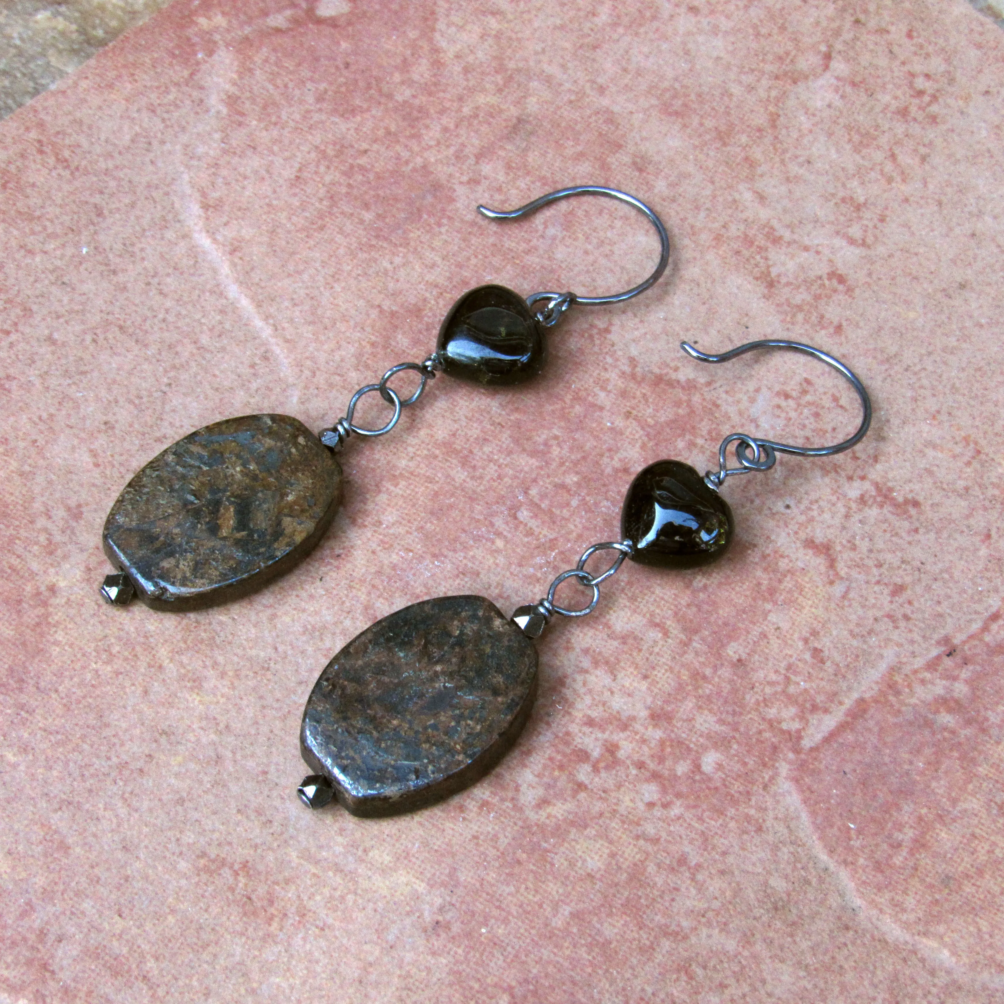 Bronzite and Tourmaline Gemstone Heart  w/ Oxidized Sterling Silver Drop Earrings