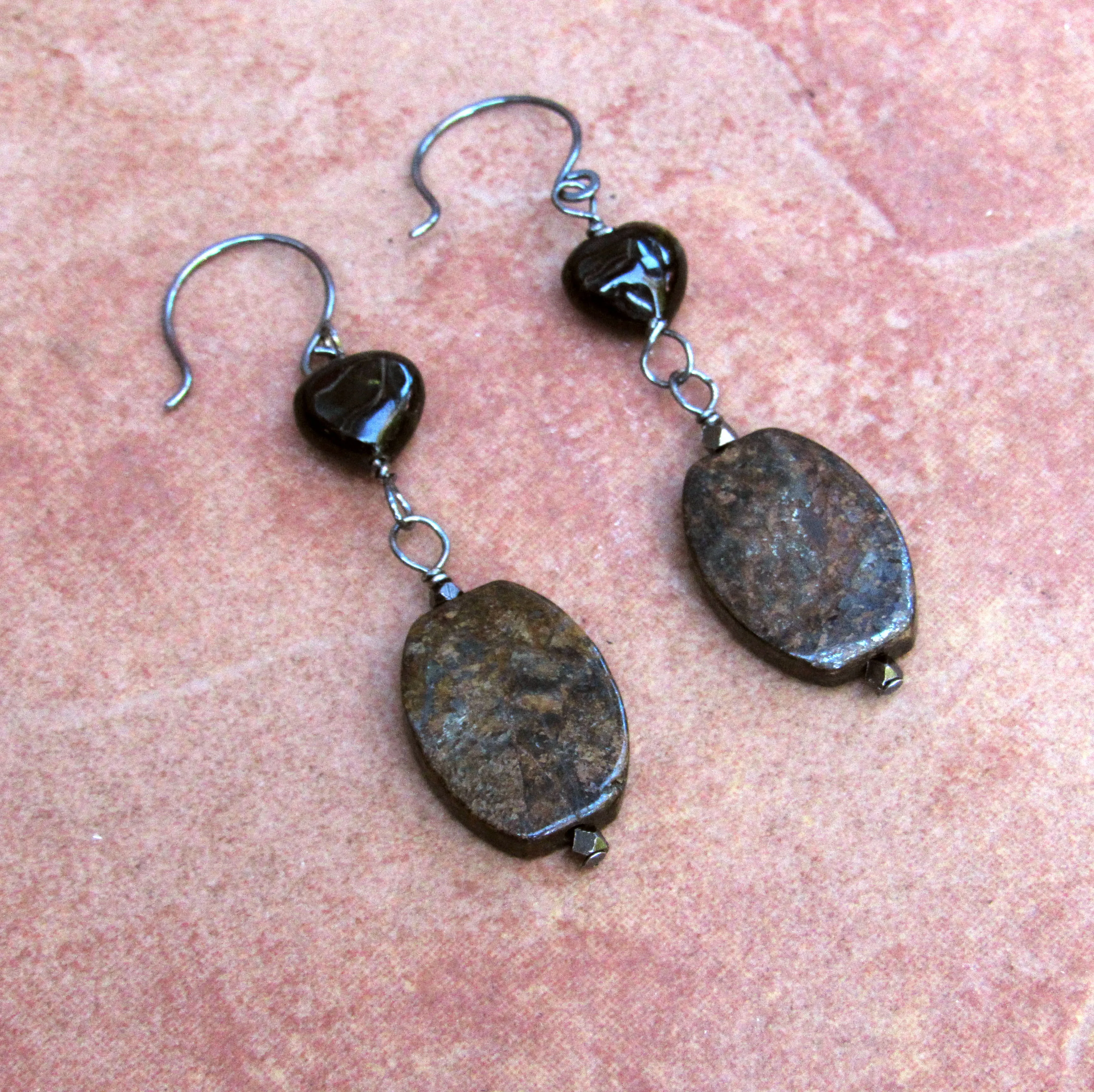 Bronzite and Tourmaline Gemstone Heart  w/ Oxidized Sterling Silver Drop Earrings