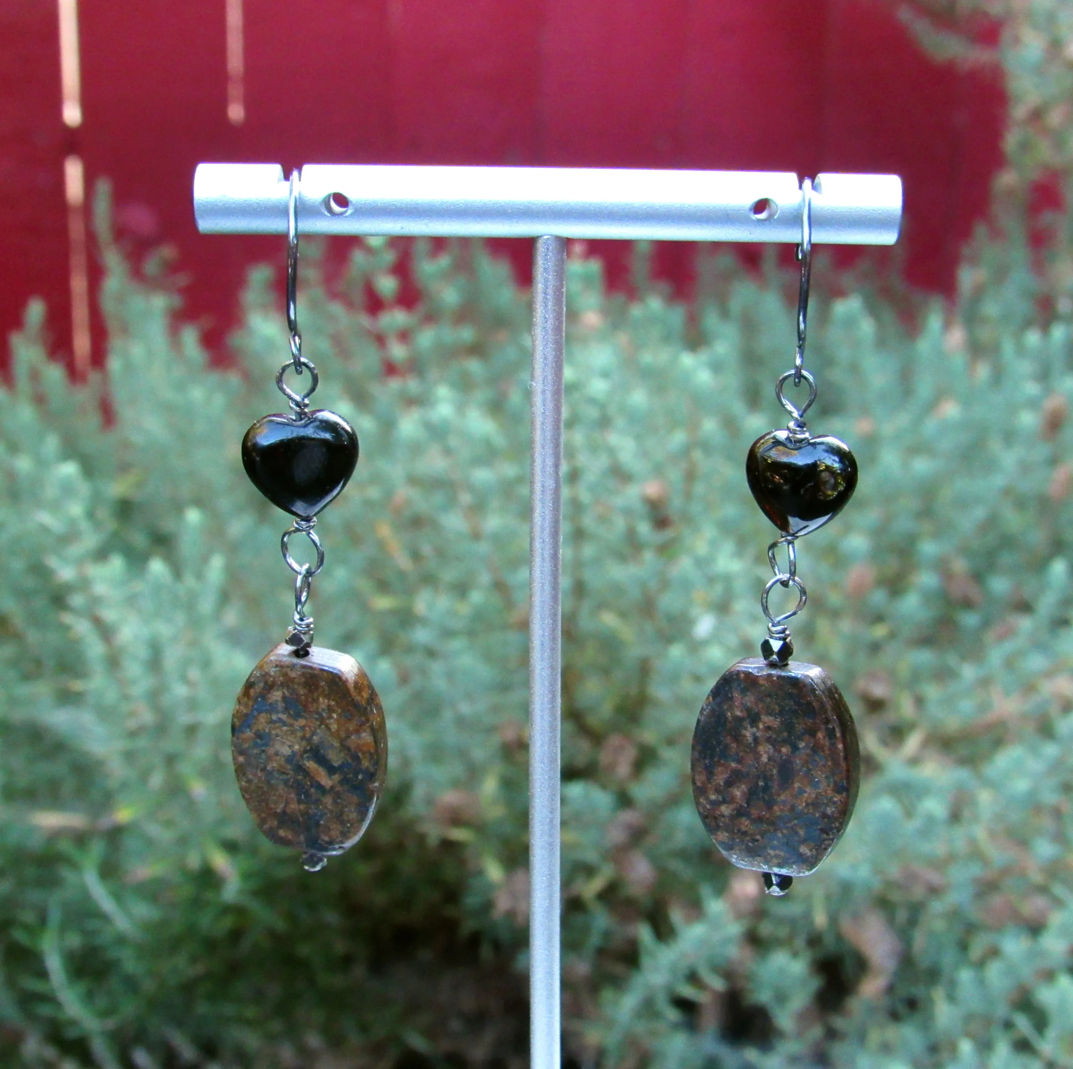 Bronzite and Tourmaline Gemstone Heart  w/ Oxidized Sterling Silver Drop Earrings