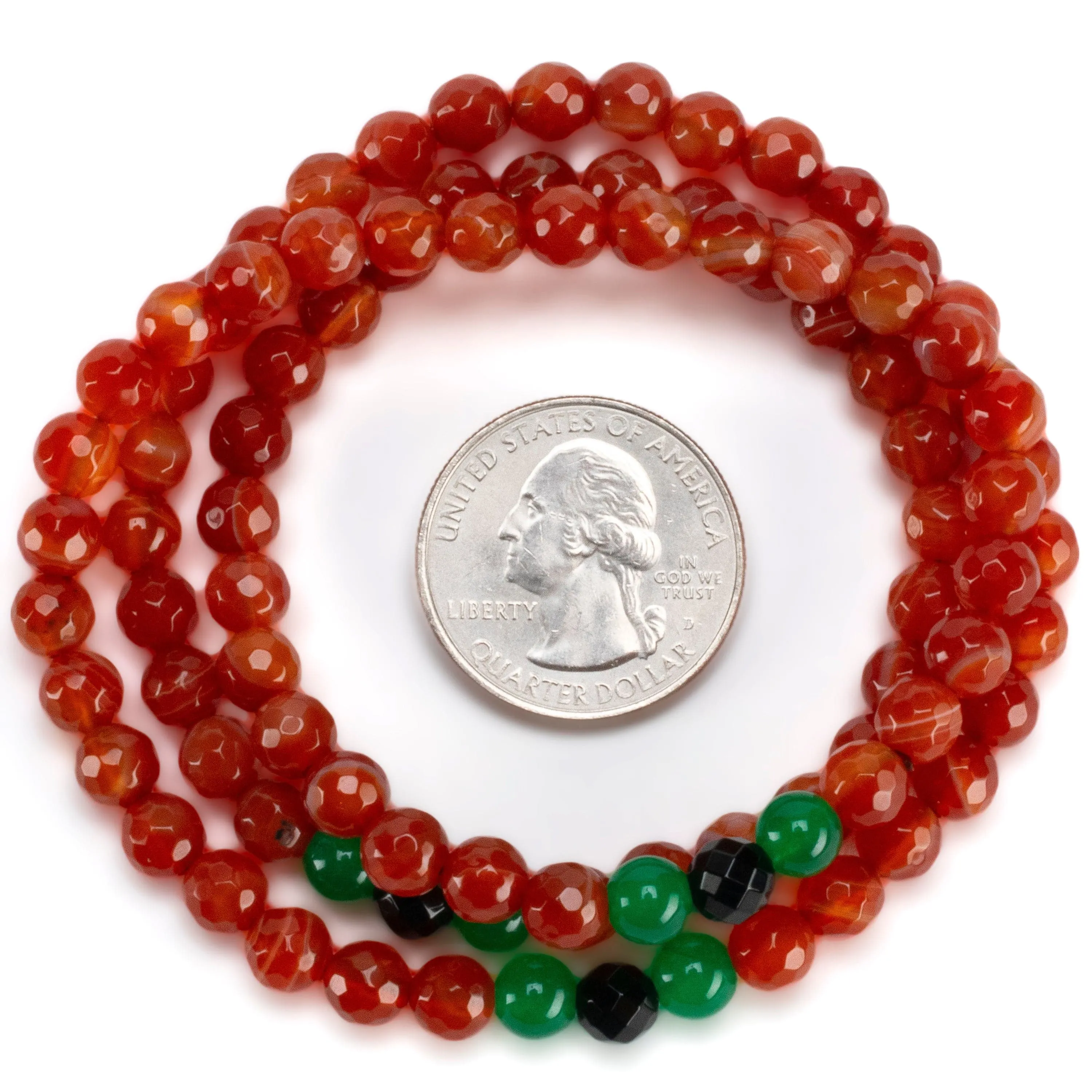 Carnelian 6mm Faceted Beads with Aventurine & Black Agate Accents Triple Wrap Gemstone Bead Elastic Bracelet