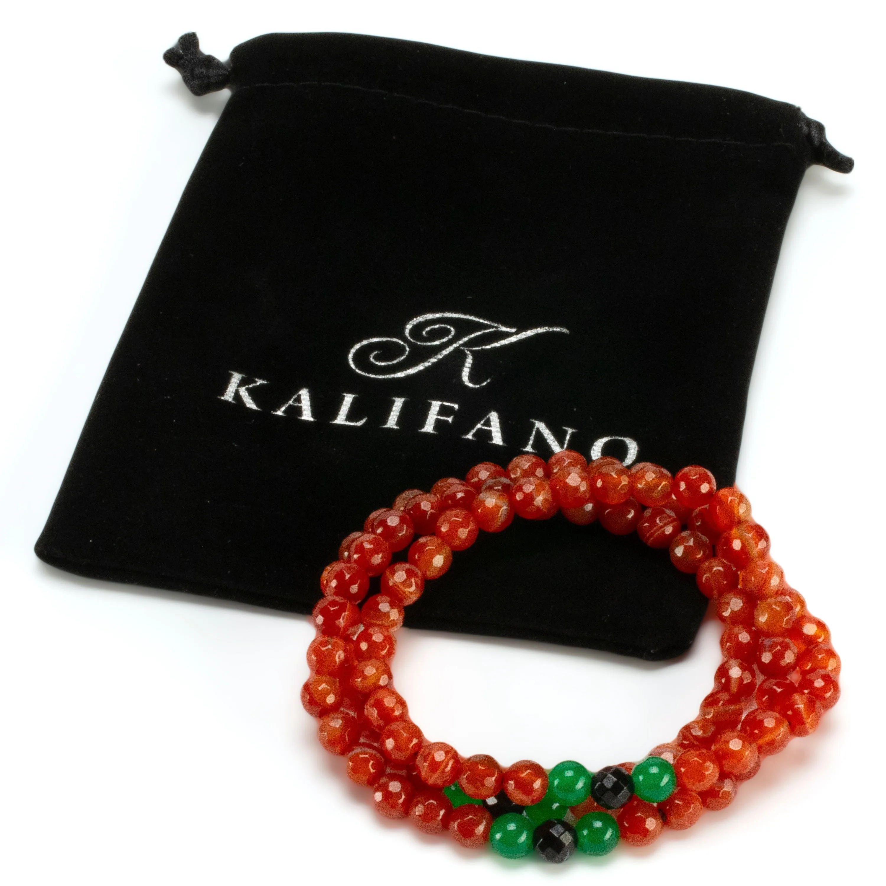 Carnelian 6mm Faceted Beads with Aventurine & Black Agate Accents Triple Wrap Gemstone Bead Elastic Bracelet