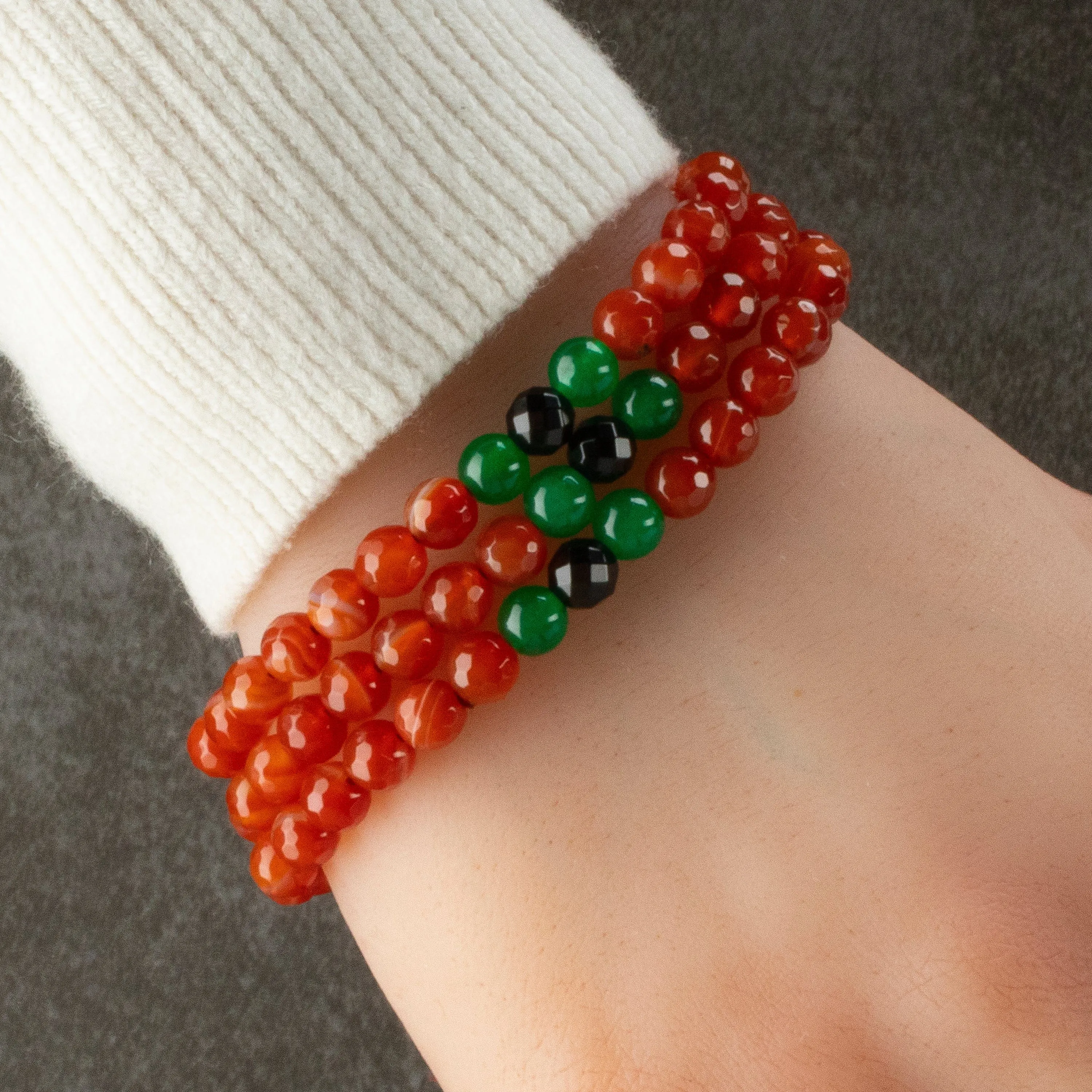 Carnelian 6mm Faceted Beads with Aventurine & Black Agate Accents Triple Wrap Gemstone Bead Elastic Bracelet