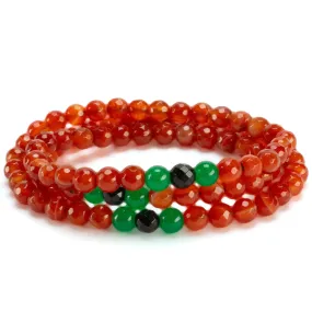 Carnelian 6mm Faceted Beads with Aventurine & Black Agate Accents Triple Wrap Gemstone Bead Elastic Bracelet