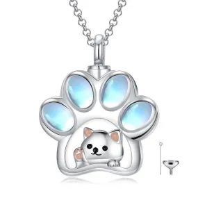 Cat Urn Necklaces for Ashes 925 Sterling Silver Cat Cremation Jewelry with Funnel Filler Kit Pet Paw Moonstone Ashes Necklace for Women Pets