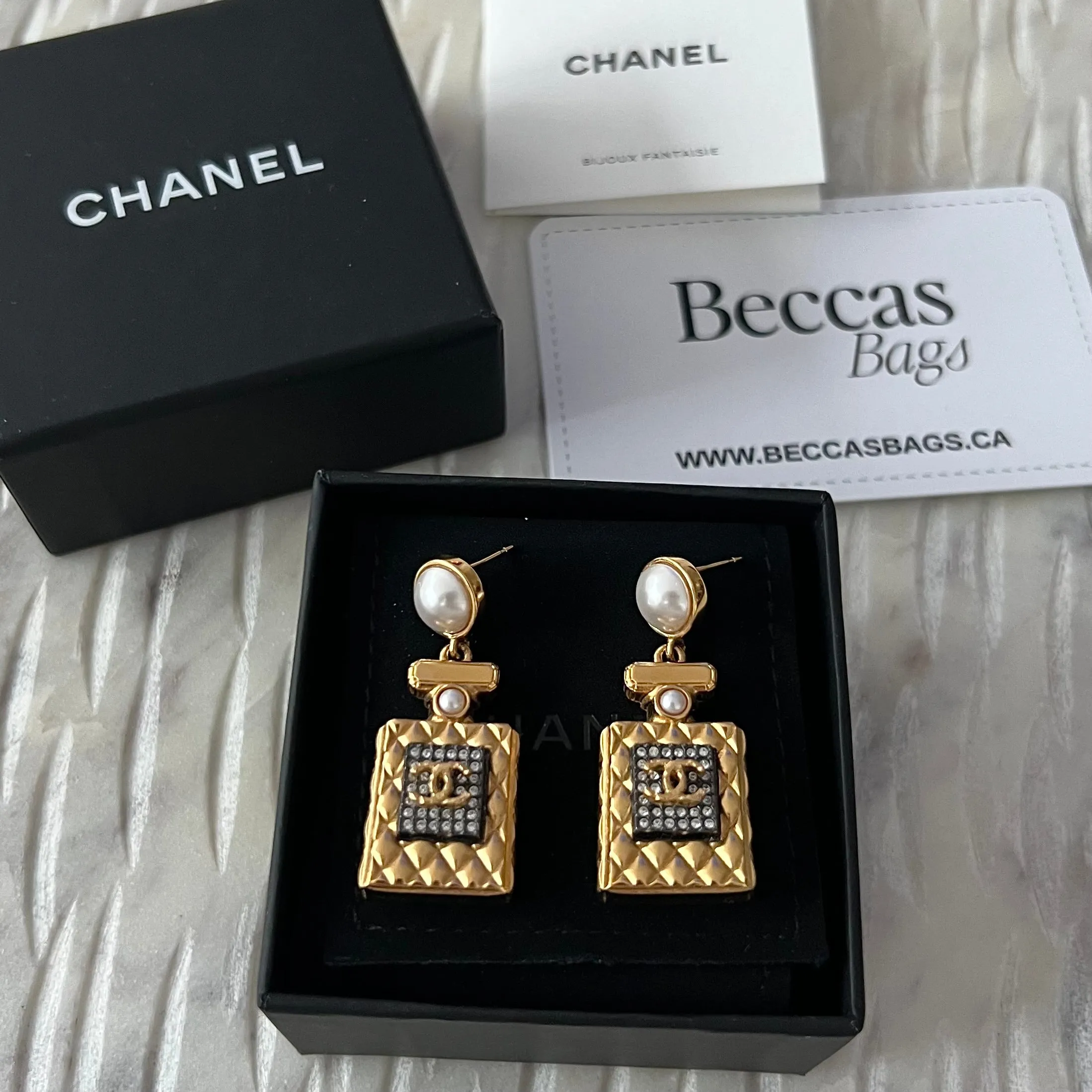 CHANEL Crystal Pearl CC Perfume Bottle Drop Earrings Gold