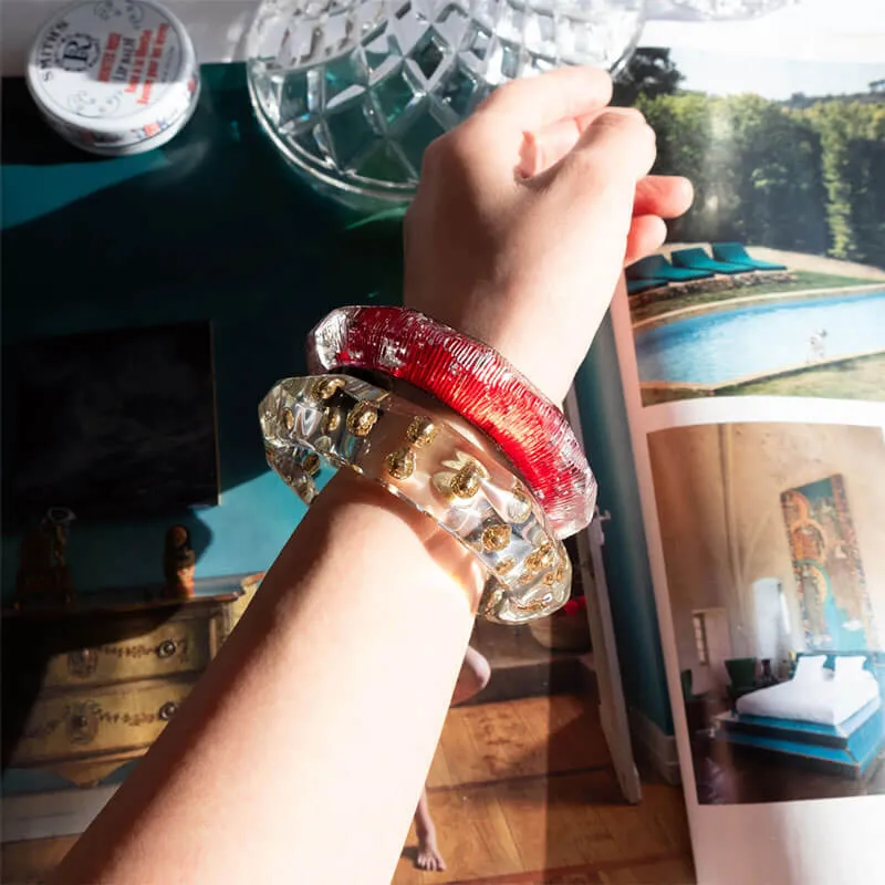 Clear Faceted Lucite Bangle with Gold Beads