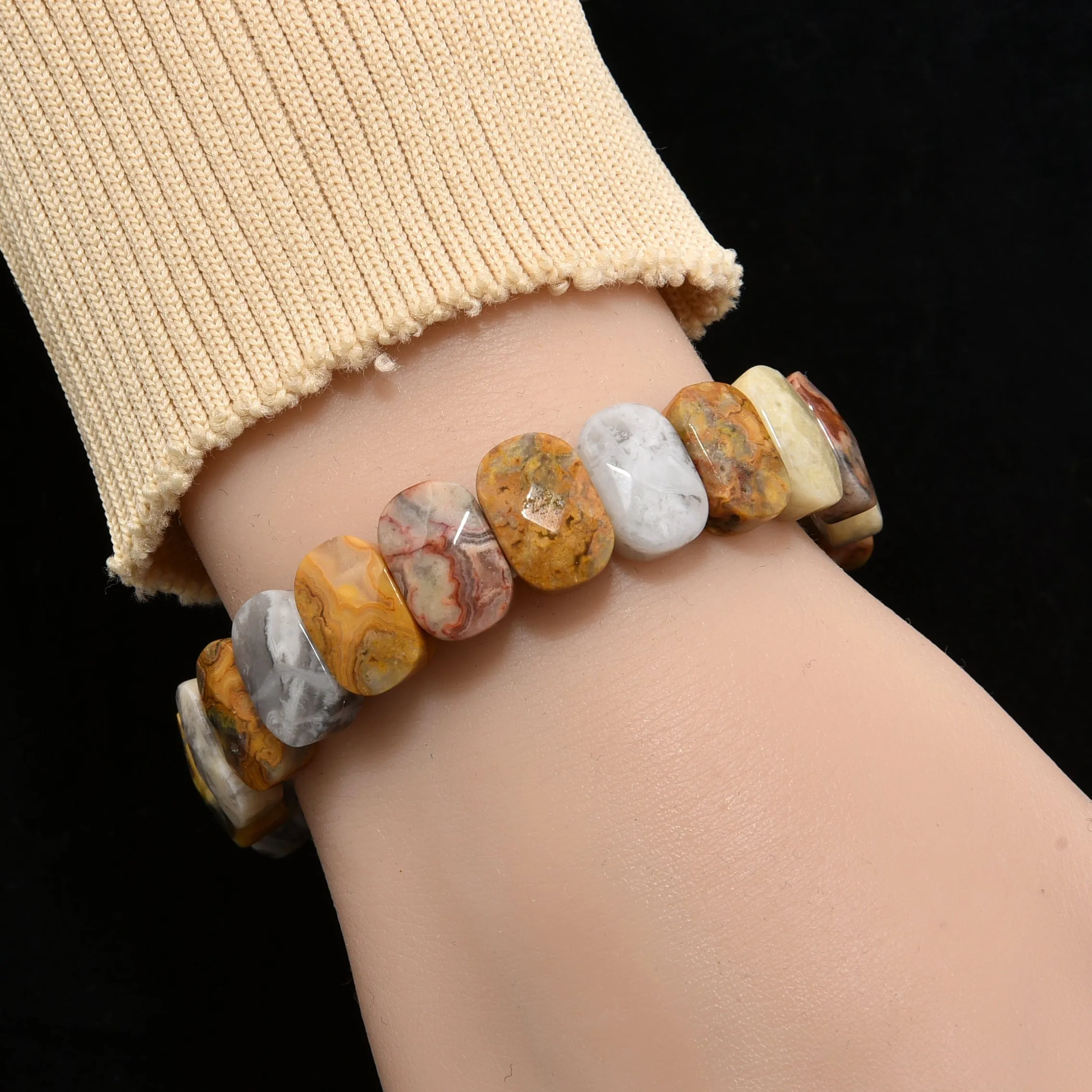 Crazy Lace Agate 14mm Bead Gemstone Elastic Bracelet