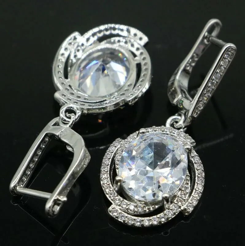 Created White Sapphire Oval Halo Wedding Drop Earrings