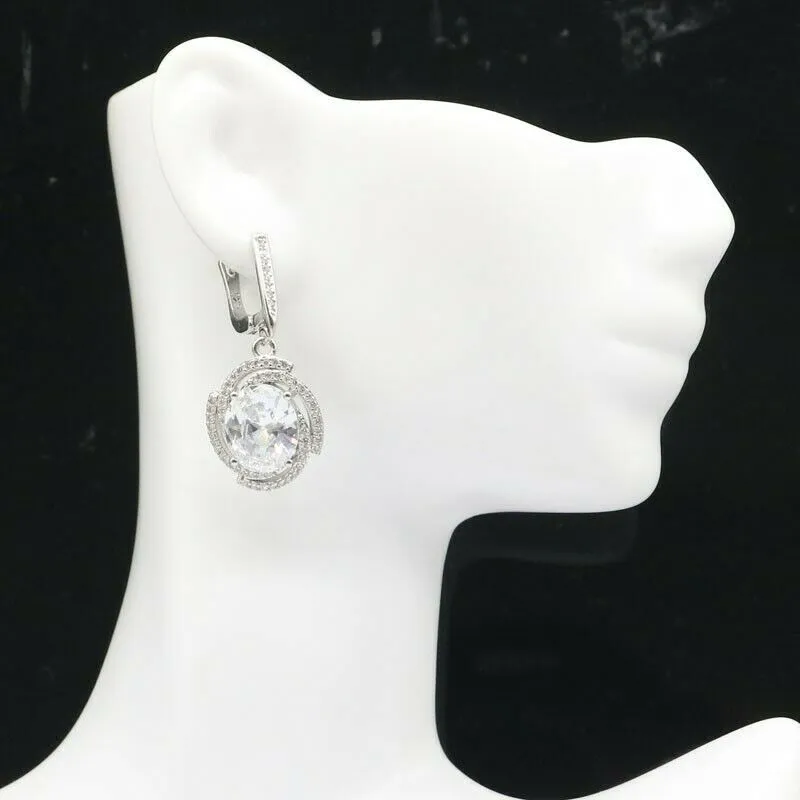 Created White Sapphire Oval Halo Wedding Drop Earrings