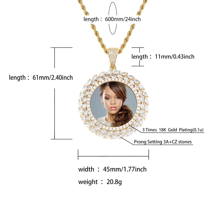 Custom 18k Gold Wheat Cubic Zircon Photo Pendant Necklace