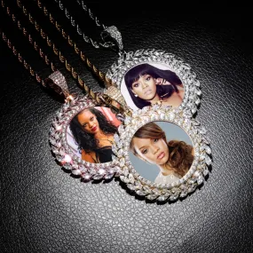 Custom 18k Gold Wheat Cubic Zircon Photo Pendant Necklace