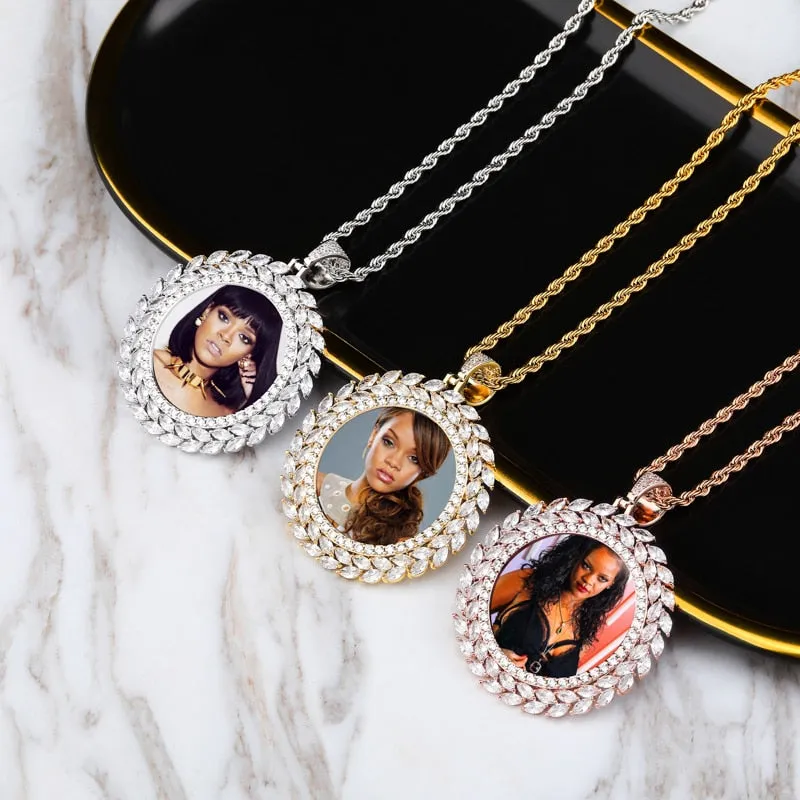 Custom 18k Gold Wheat Cubic Zircon Photo Pendant Necklace