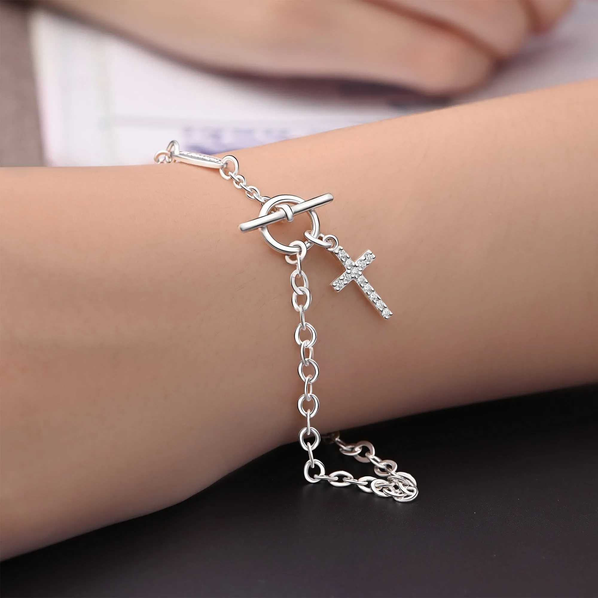 CZ Cross Bracelet in T-Bar Sterling Silver Bracelet