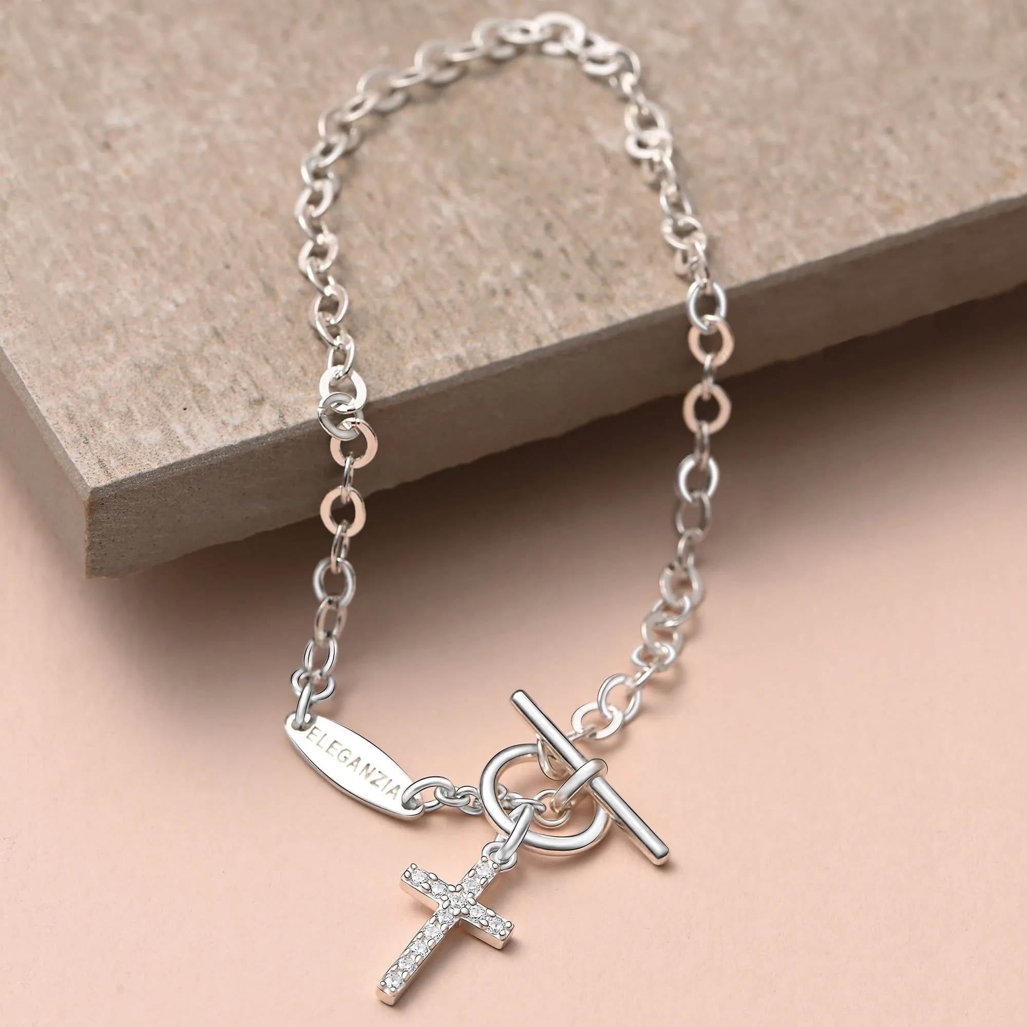 CZ Cross Bracelet in T-Bar Sterling Silver Bracelet