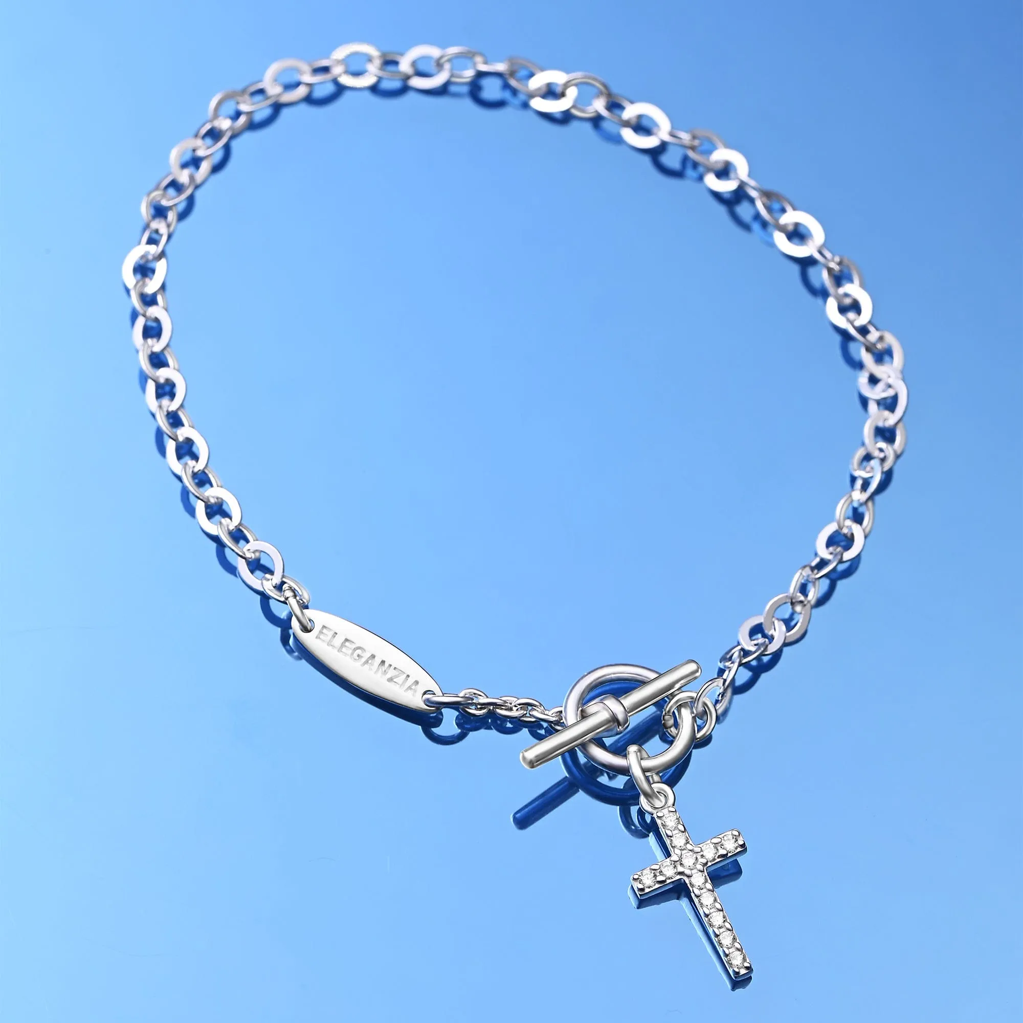 CZ Cross Bracelet in T-Bar Sterling Silver Bracelet