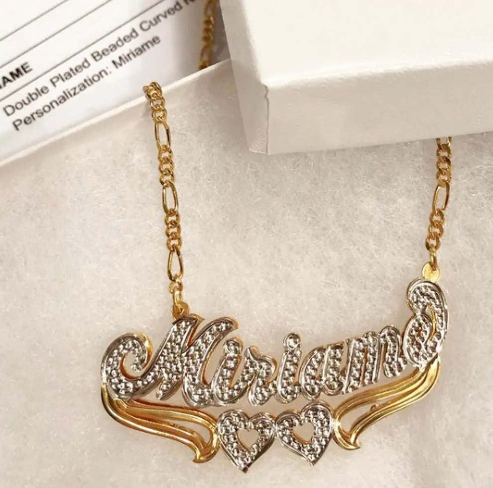 Double Plated Beaded Curved Nameplate Necklace - Two Hearts