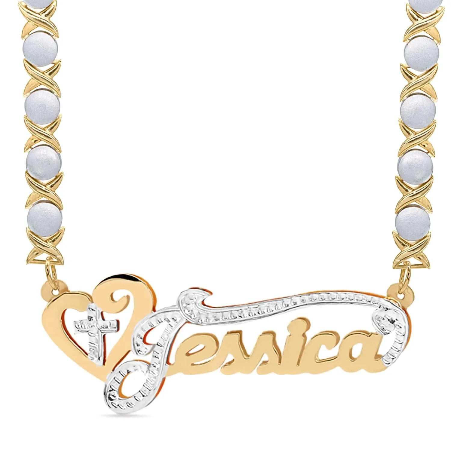 Double Plated Nameplate Necklace Jessica with Rhodium Xoxo chain