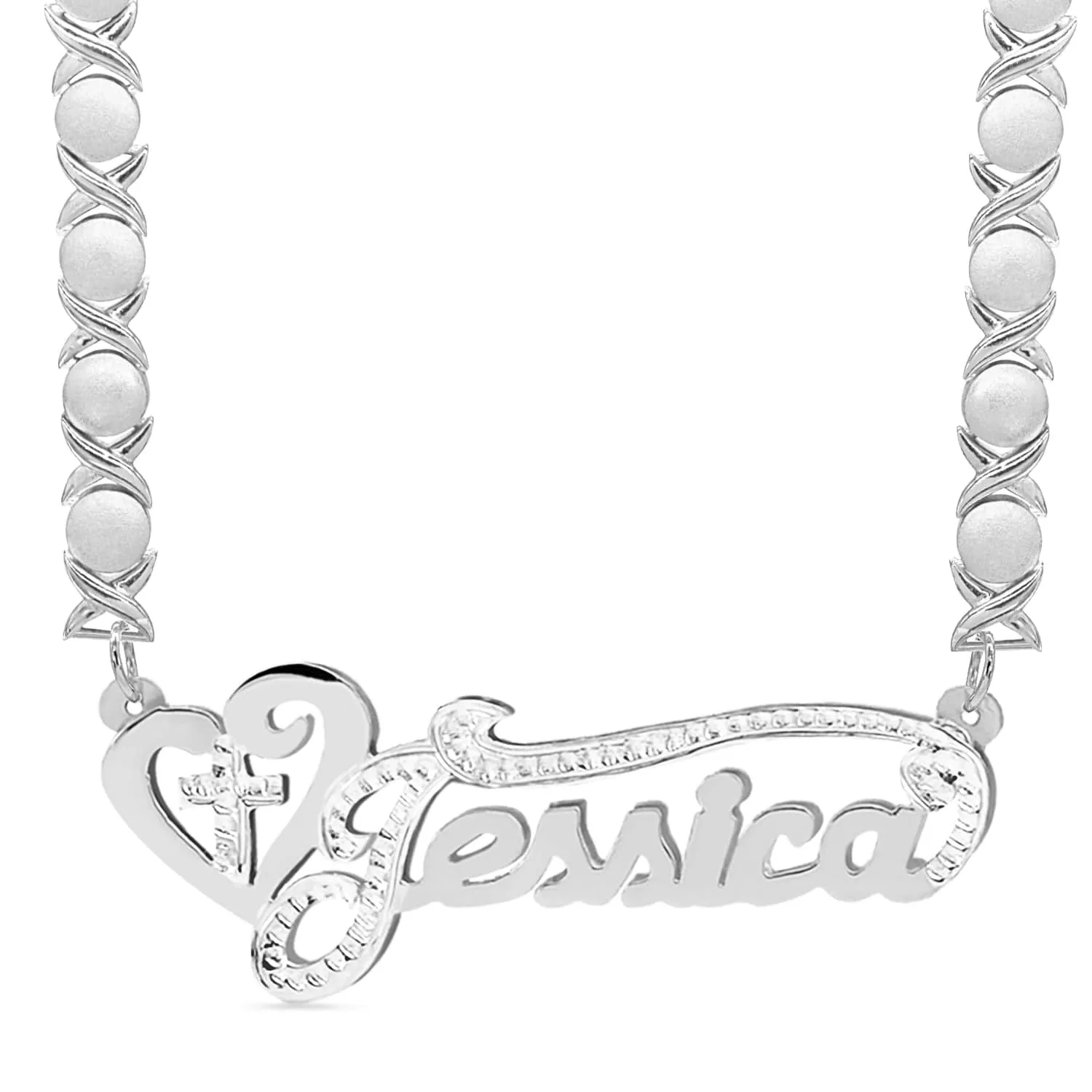 Double Plated Nameplate Necklace Jessica with Rhodium Xoxo chain