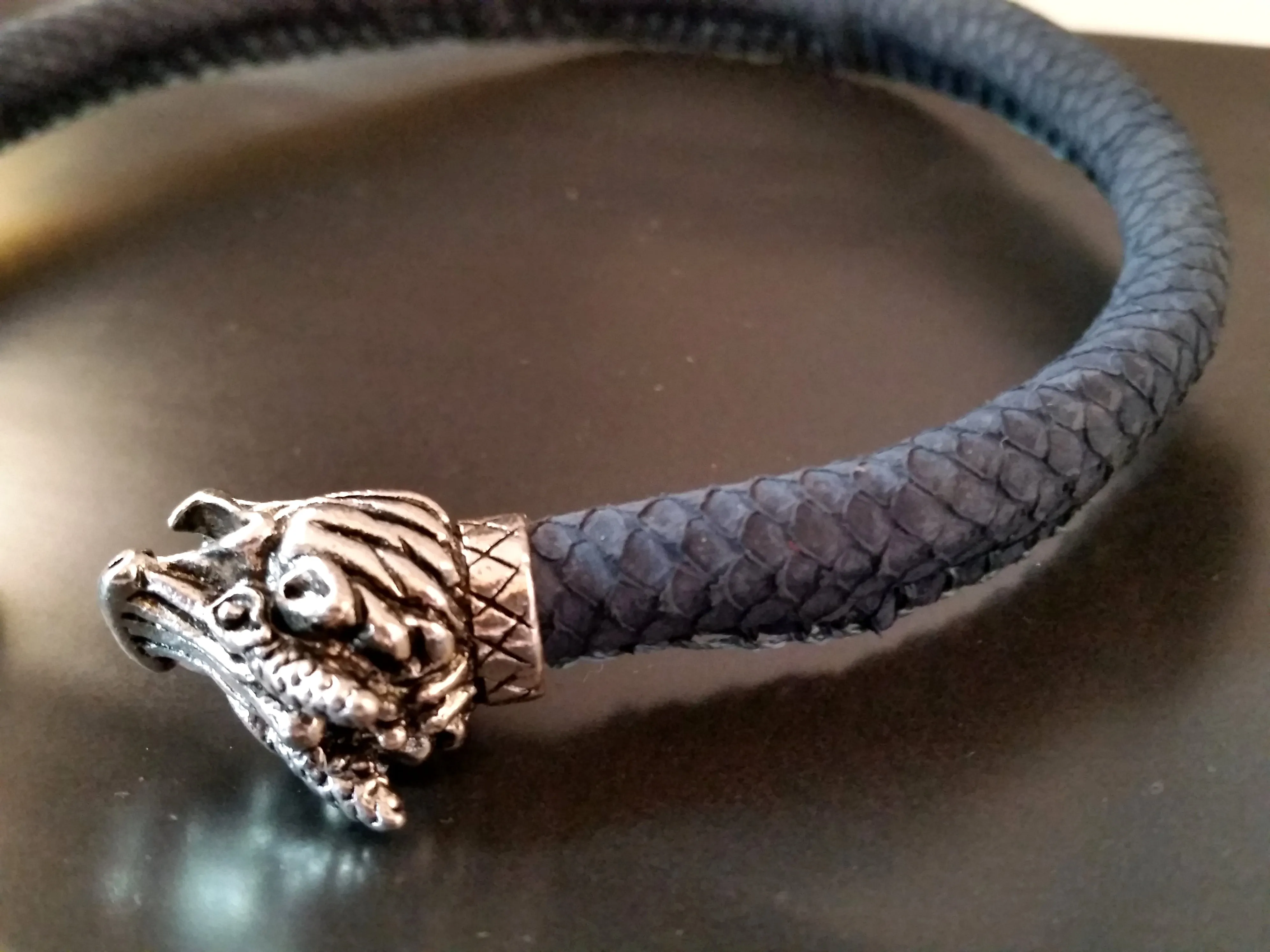 Dragon Torc Scale Leather Silver Dark Blue