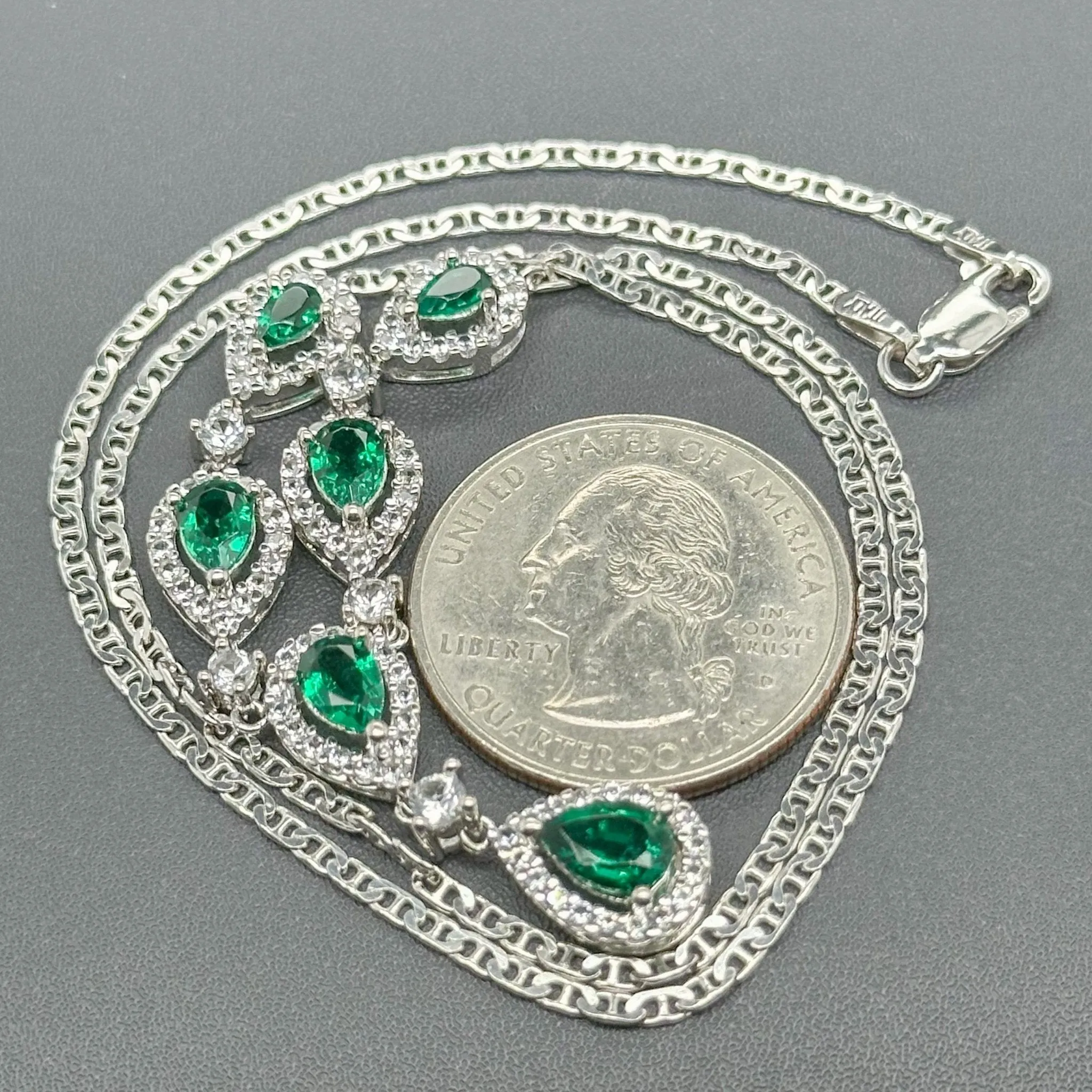 Estate SS Green & White CZ Y Drop Necklace