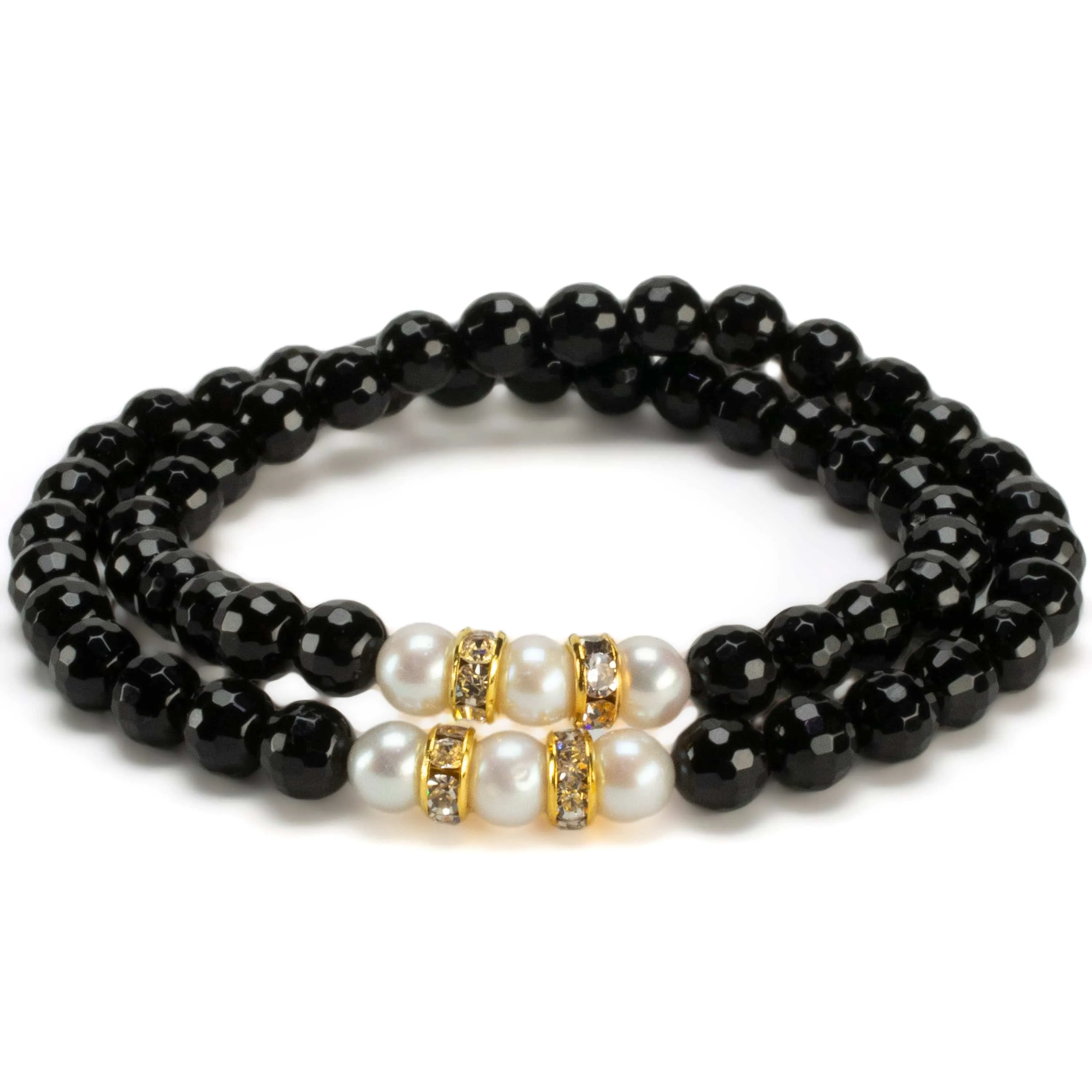 Faceted Black Agate 6mm Beads with Pearl & Gold Accent Beads Double Wrap Elastic Gemstone Bracelet