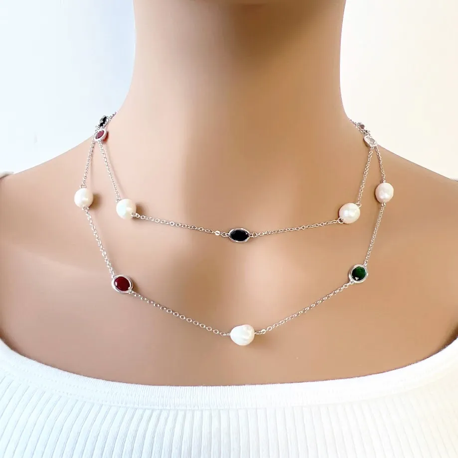 Freshwater Pearl Rhodium Chain Necklace