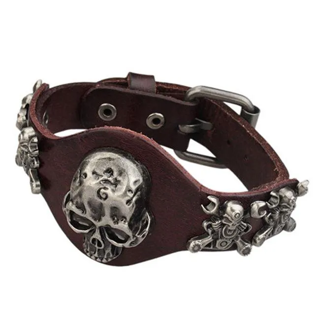 Genuine Leather Wrap Evil Skull Bracelet