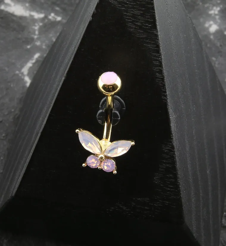 Gold PVD Pink Opalite Butterfly Stainless Steel Belly Button Ring