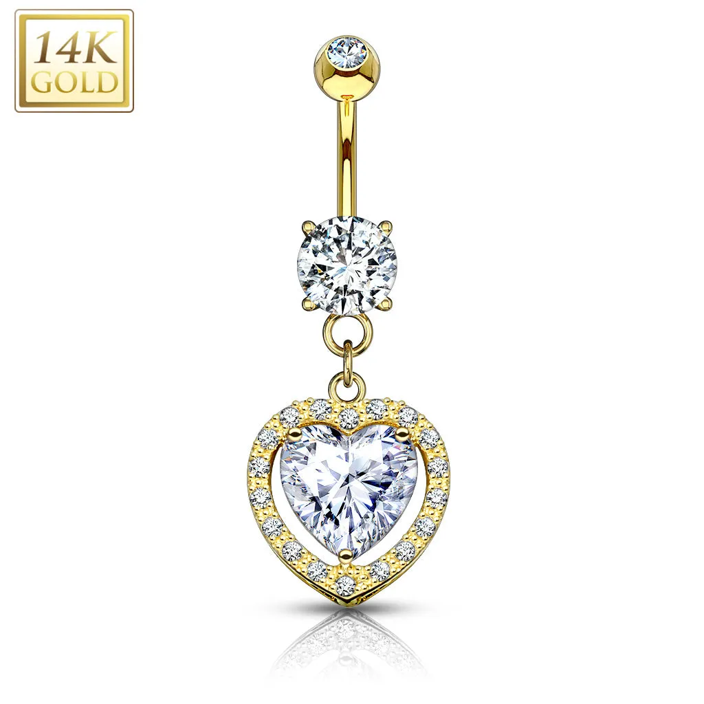 Heart Dangle with Heart Shaped Solitaire CZ 14KT Gold Dangle WildKlass Navel Ring